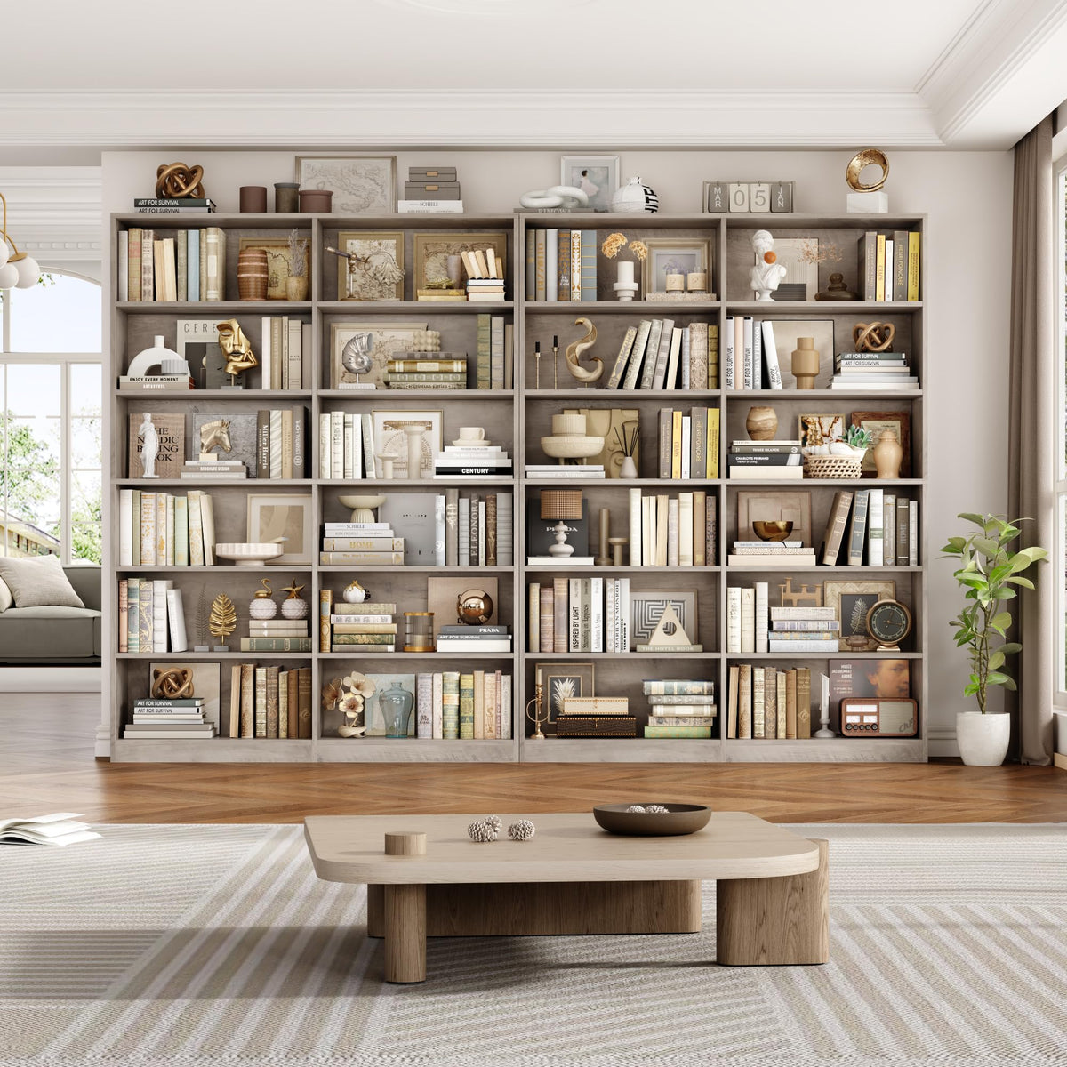 FACBOTALL Bookshelf Tall Bookcase, 6-Tier Double Wide Bookshelves,Wash Grey