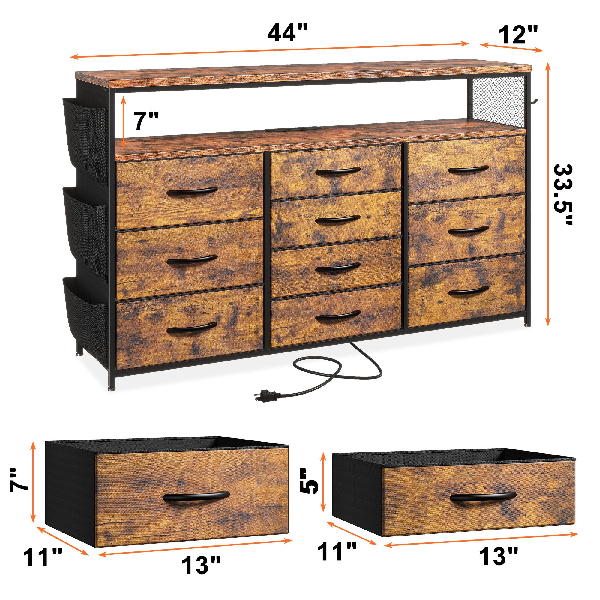 EnHomee Dresser for Bedroom with 10 Drawers, 55" TV Stands with LED Lights & Power Outlets, Dressers with Shelves & Side Pockets, Hooks for Hallway,Rustic Brown