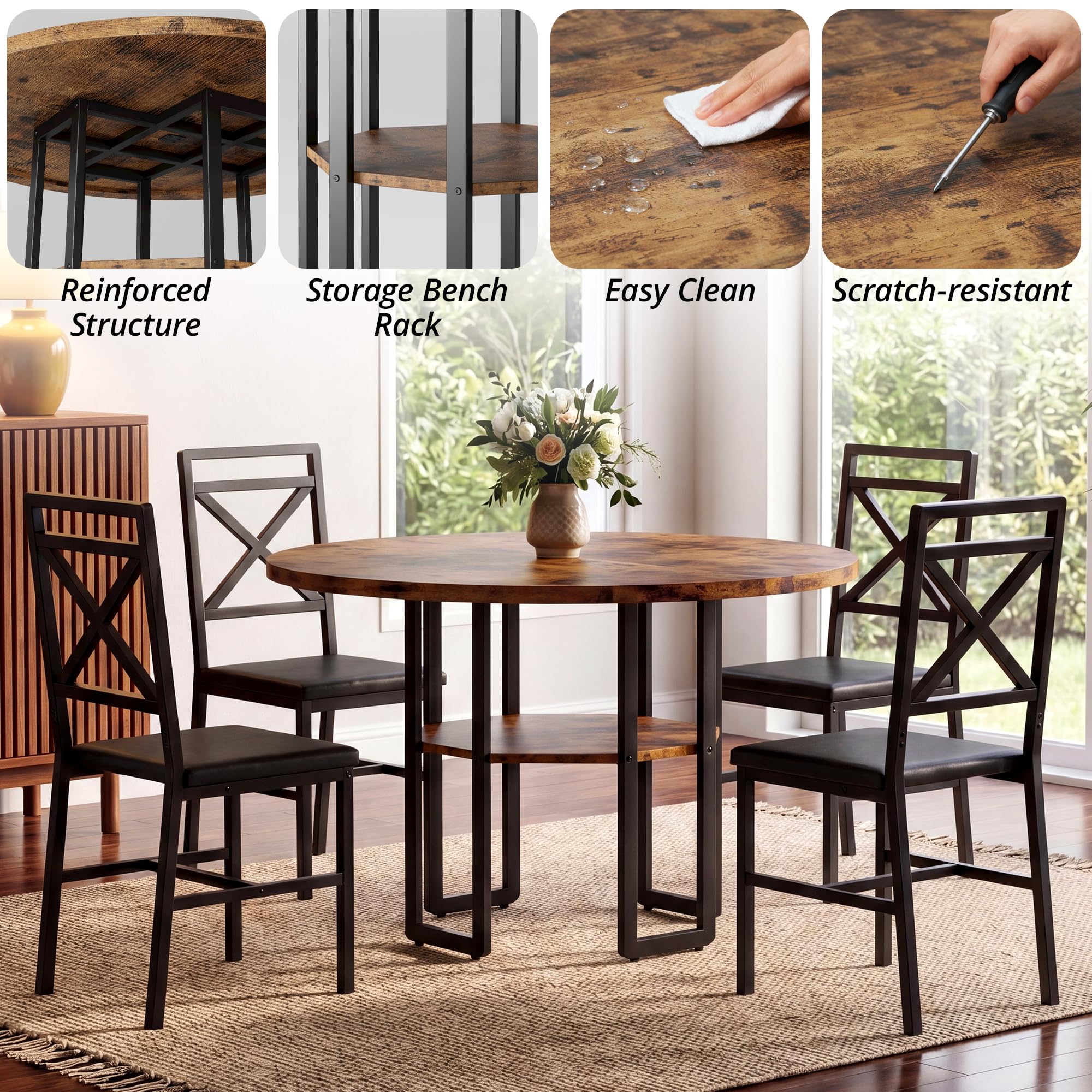 5-Piece Round Dining Table Set with 4 Chairs, 47"