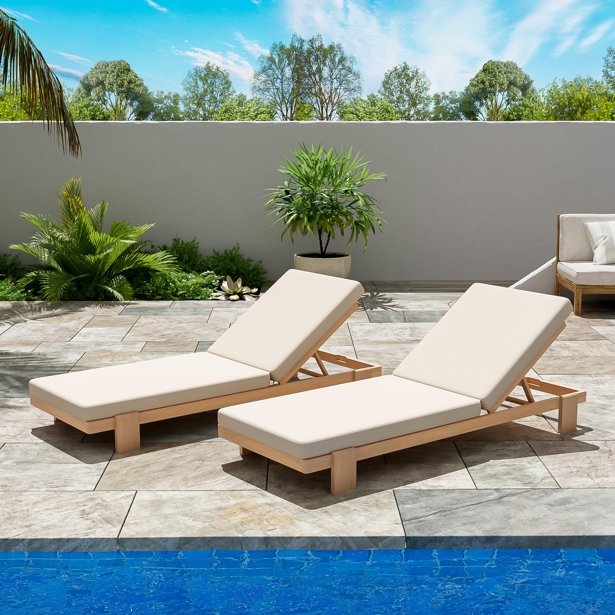 Acacia Wood Outdoor Chaise Lounge Set of 2 with Adjustable Backrest & Cushions