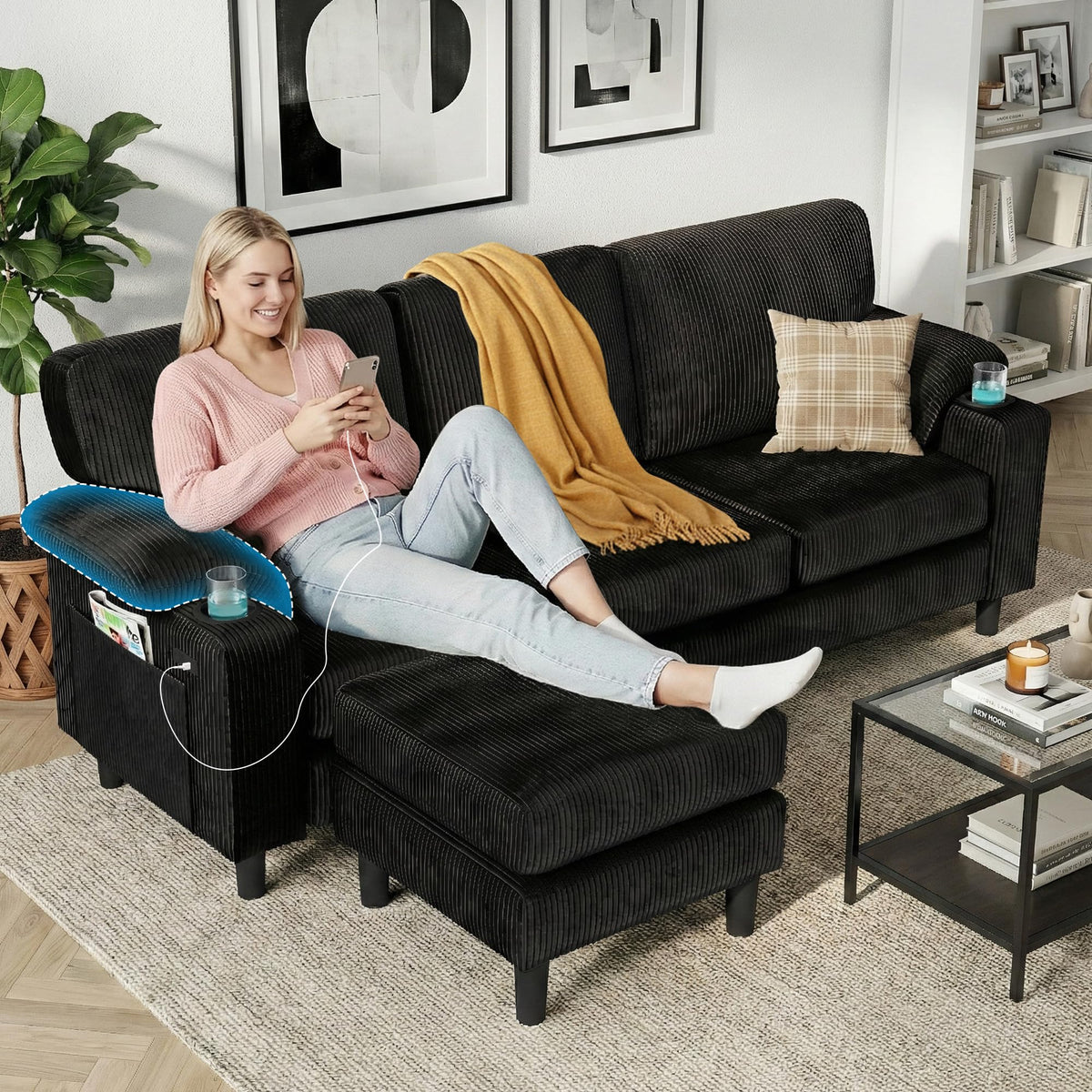 Corduroy Sectional Sofa with Storage Ottoman