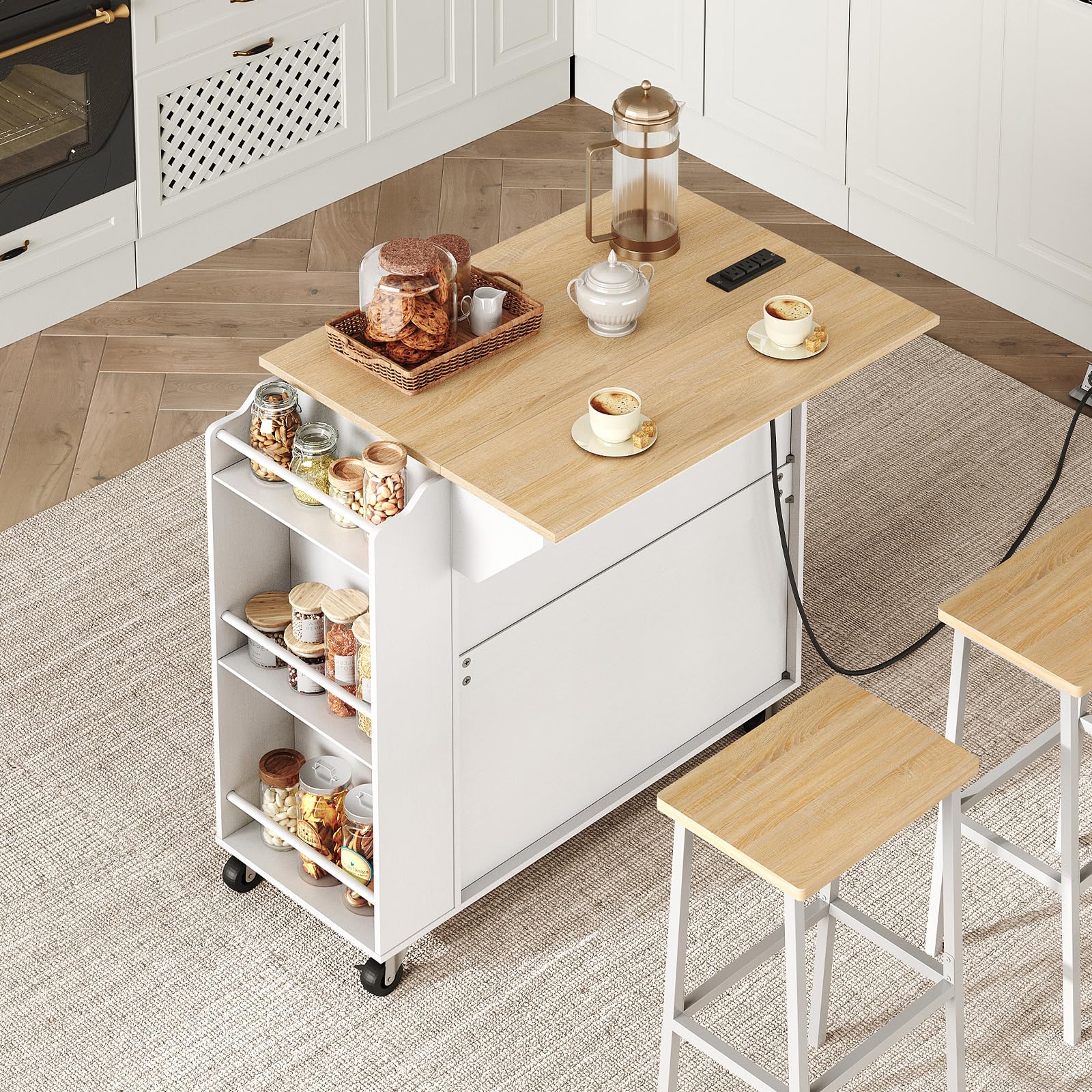 RALGEND Kitchen Island with Power Outlets & Drop Leaf, Rolling Kitchen Cart on Wheels, Kitchen Storage Island with Spice Rack and Drawer, Mobile Island Table for Kitchen, Dinning, White and Natural