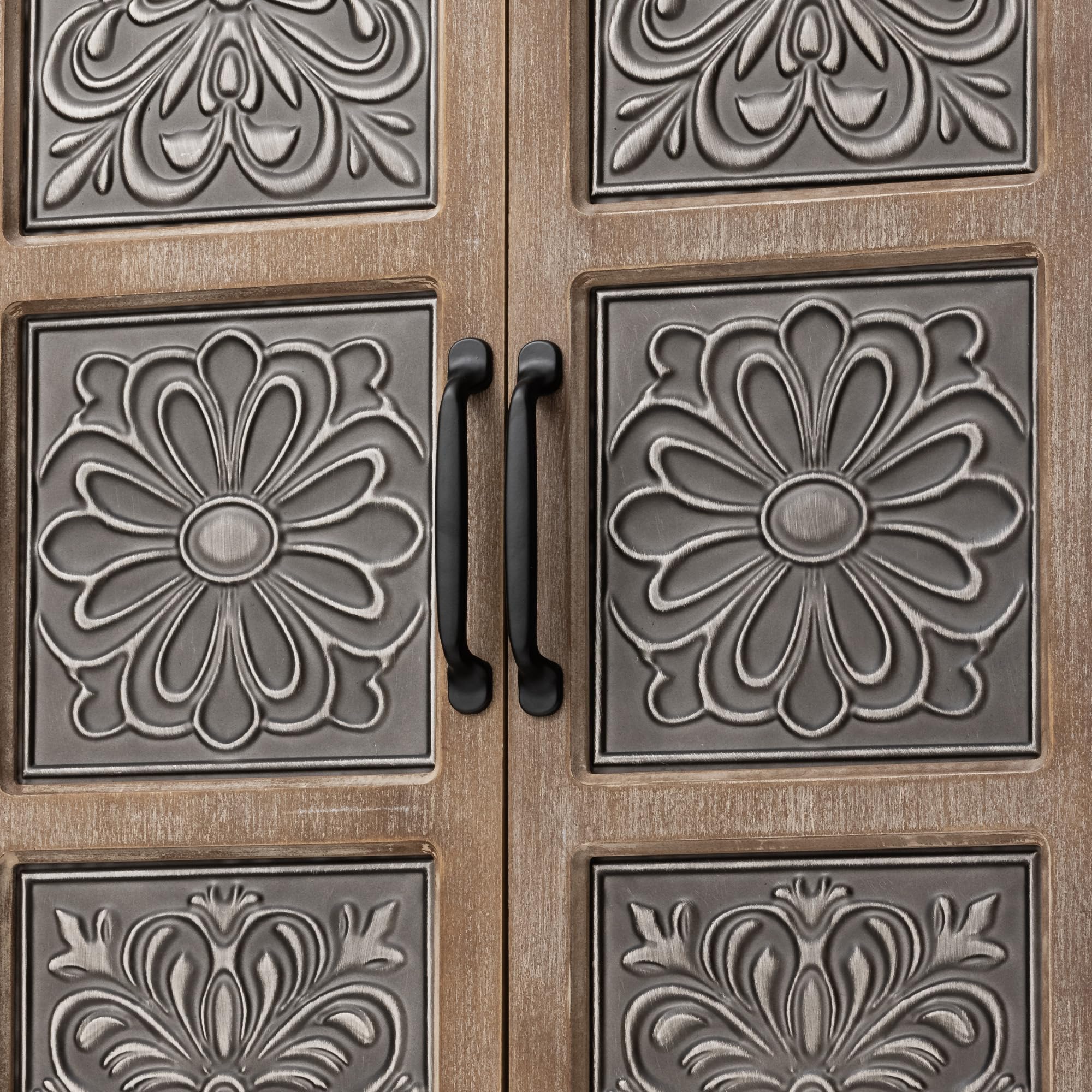 COSIEST 48" Tall Farmhouse Accent Cabinet with Doors and 2 Drawers, Rustic Wood Storage Buffet, Embossed Metal Floral Carving Chest with Adjustable Shelves for Living Room, Entryway, Dining Room