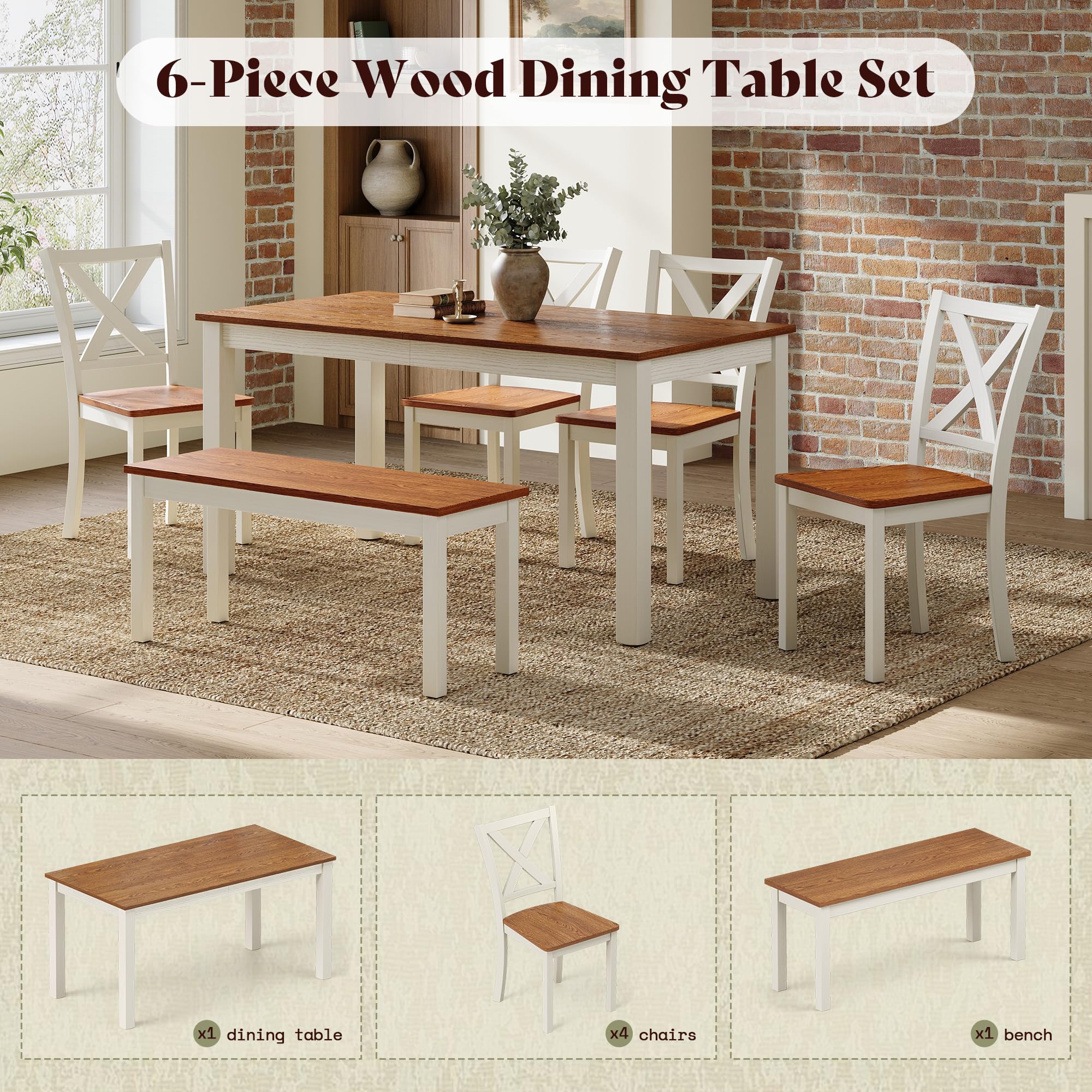 6-Piece Farmhouse Dining Table Set with Bench