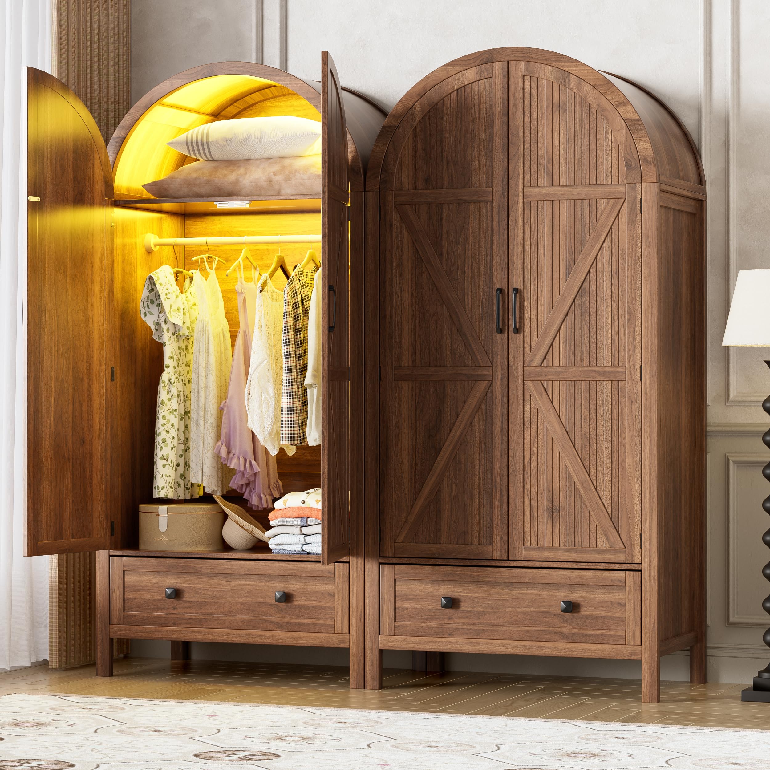 PAKASEPT Armoire Wardrobe Closet with Drawers and 2 Arched Fluted Doors, 70.9‘’ Tall Wooden Bedroom Armoires with LED Light & Shelves and Hanging Rod(Brown)