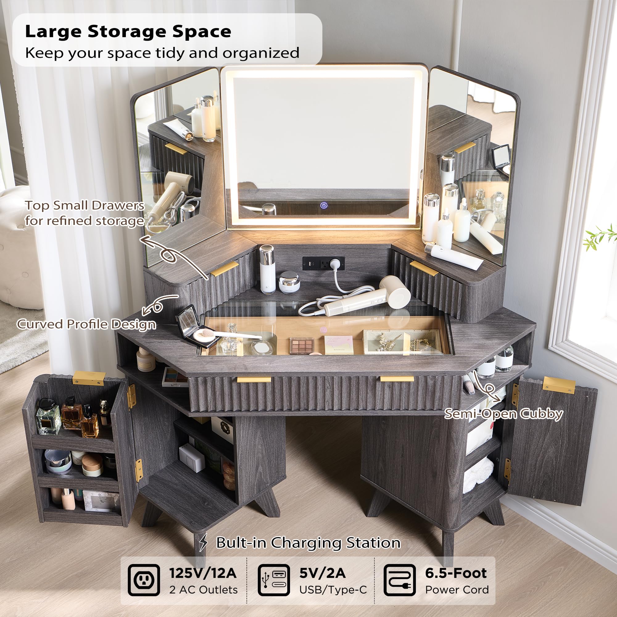 T4TREAM Fluted Makeup Vanity Desk with 3 Way Mirror and Lights, 48" Large Corner Vanity Table with Glass Top, Charging Station, 3 Drawers, Storage Cabinets & Shelves, for Bedroom, Dark Alder