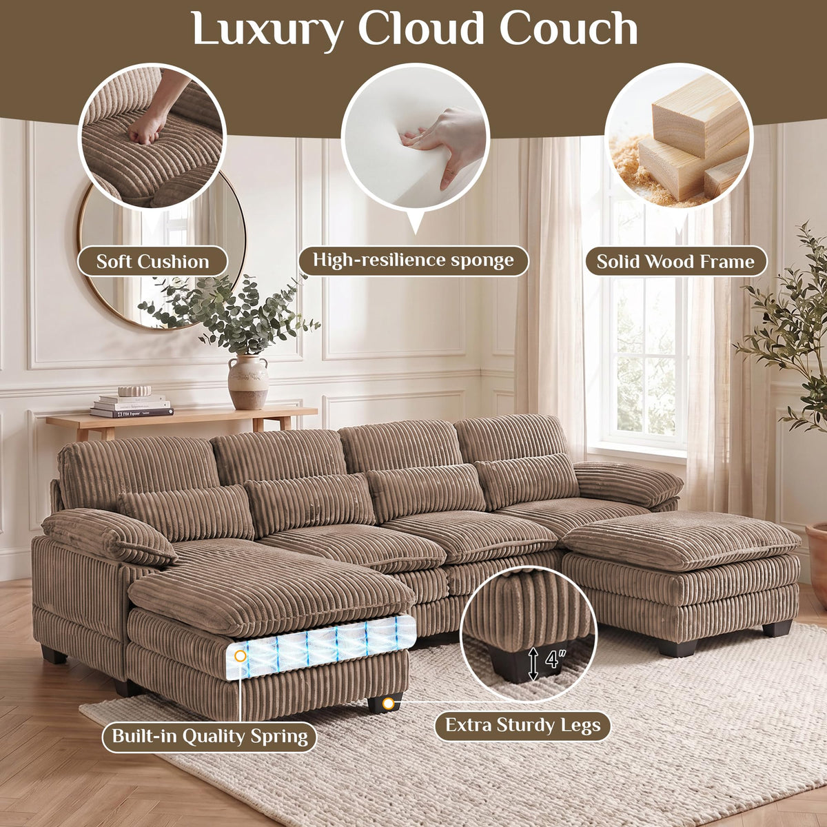 113" U Shaped Sectional Sofa Modular Couch with Ottoman, Corduroy Brown