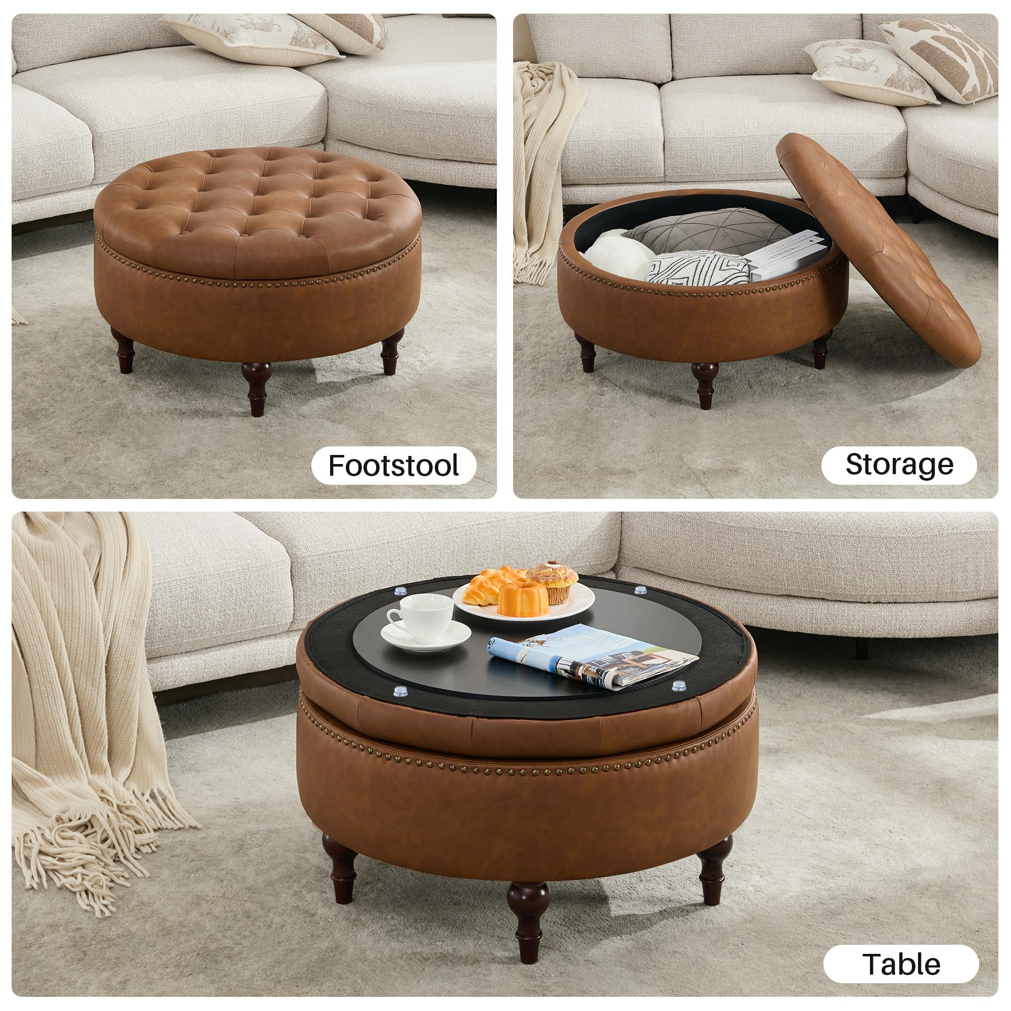 obmedin 31.5" Large Round Storage Ottoman, Upholstered Tufted PU Ottoman Coffee Table, Large Footrest with Solid Wooden Legs and Nailheads, Side Table for Living Room Bedroom Office, Brown