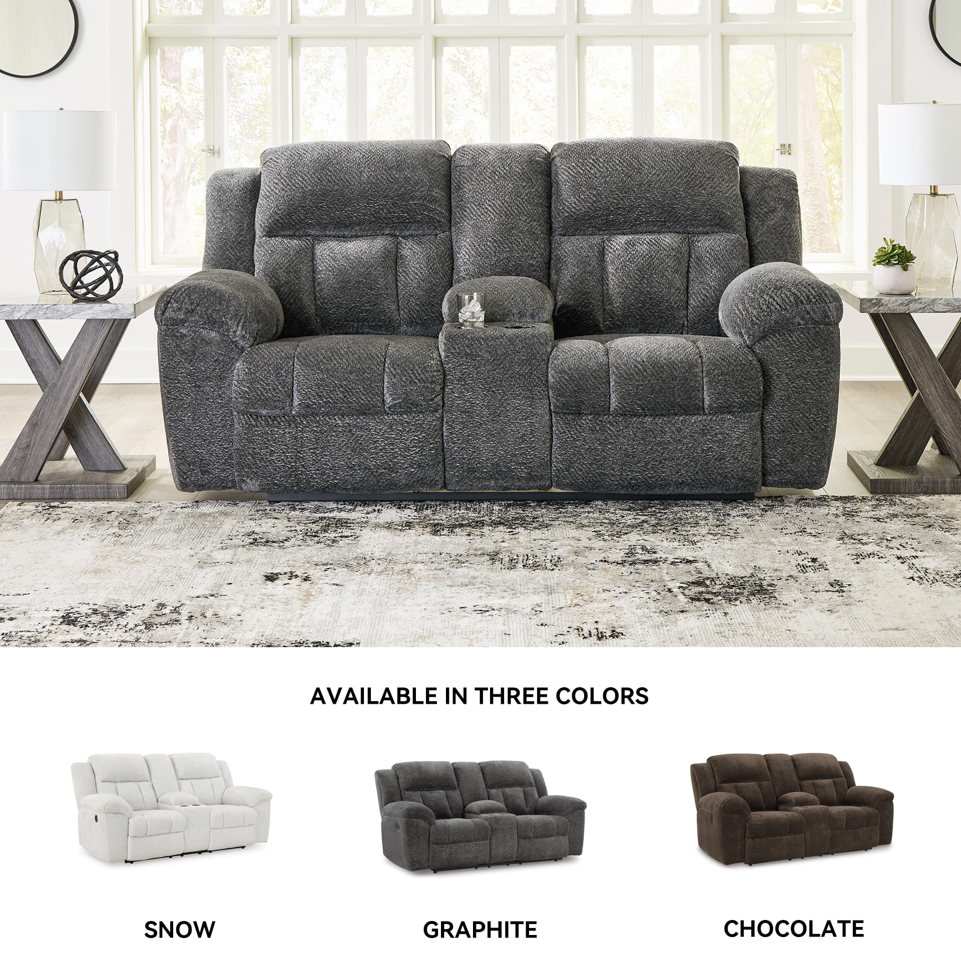 Signature Design by Ashley Frohn Contemporary Manual Reclining Loveseat with Console with Console, Storage and Cup Holders, Gray