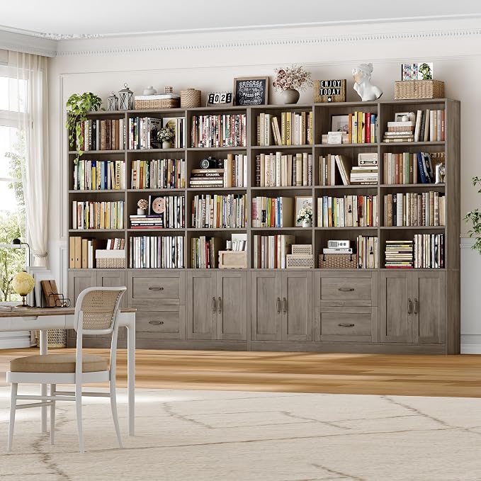 Triple-Wide Bookcase with Drawers & Doors