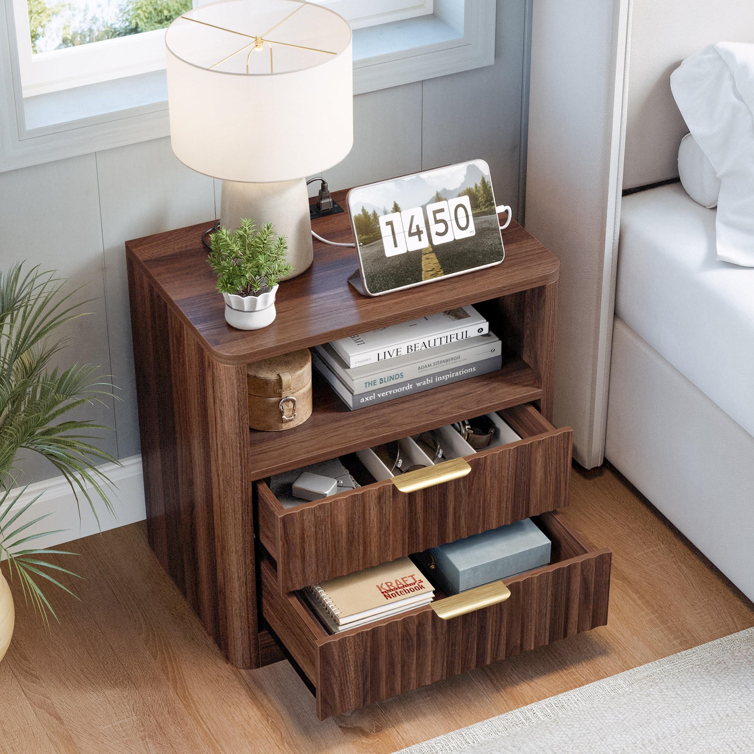 Fluted Nightstand Set of 2 with Charging Station