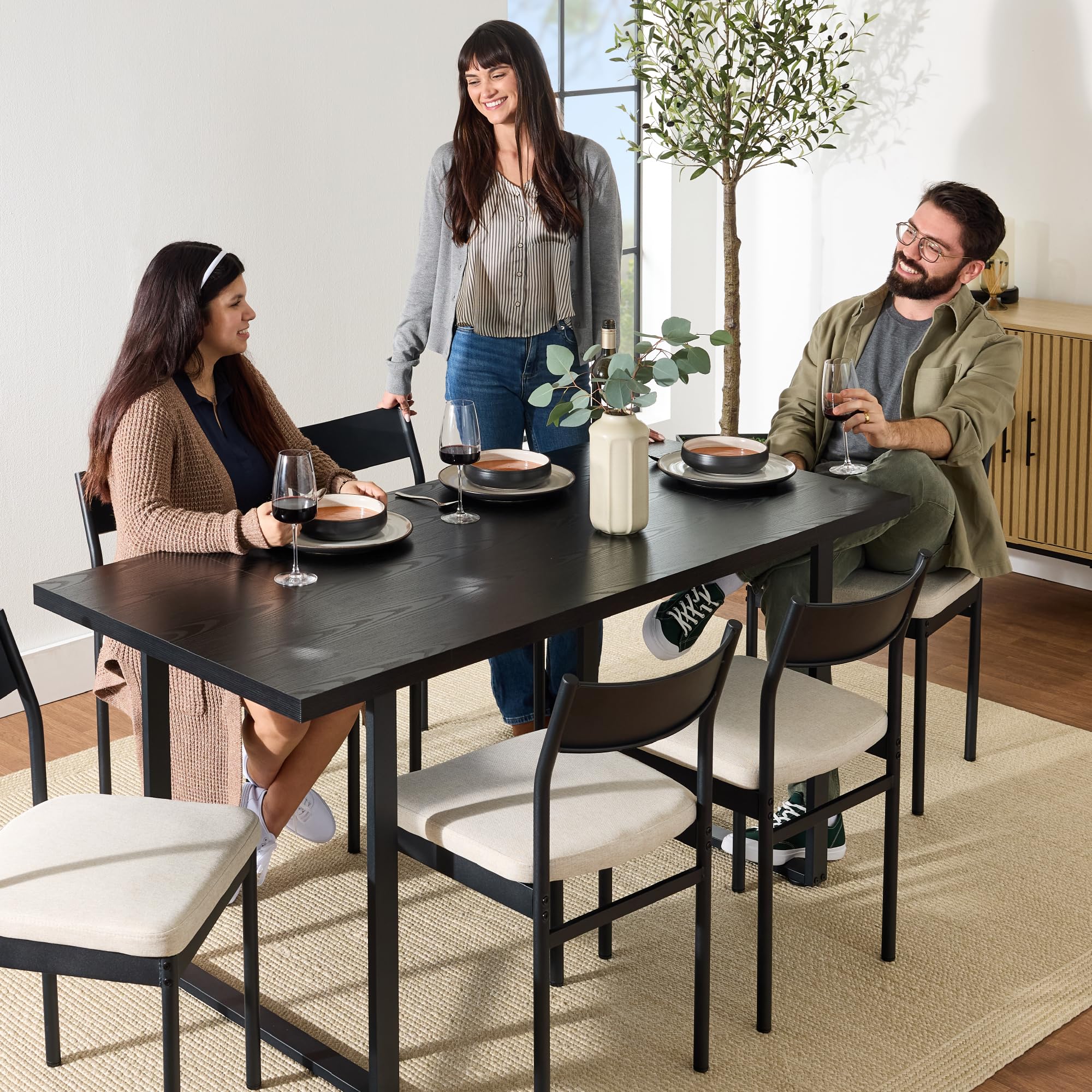 Best Choice Products 7-Piece Modern Dining Room Set, Kitchen Table Set, Dining Table w/ 6 Chairs, Upholstered Cushions, Solid Metal Frame, Curved Backrest - Black/Ivory