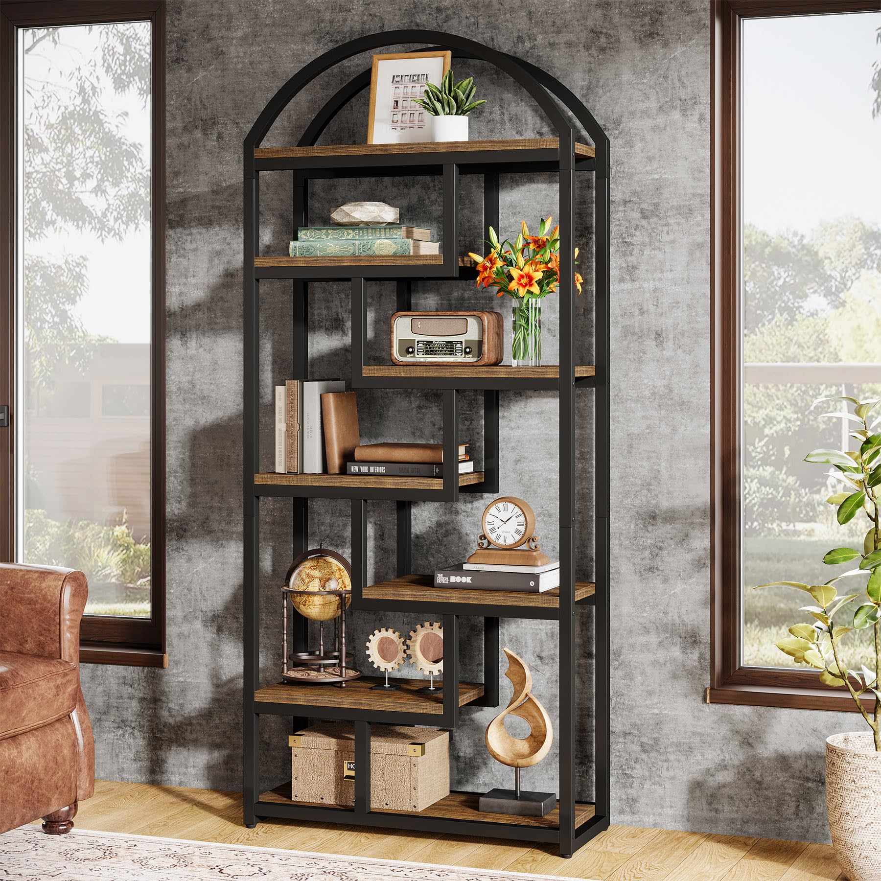 71" Arched Bookshelf 7-Shelf Industrial Etagere