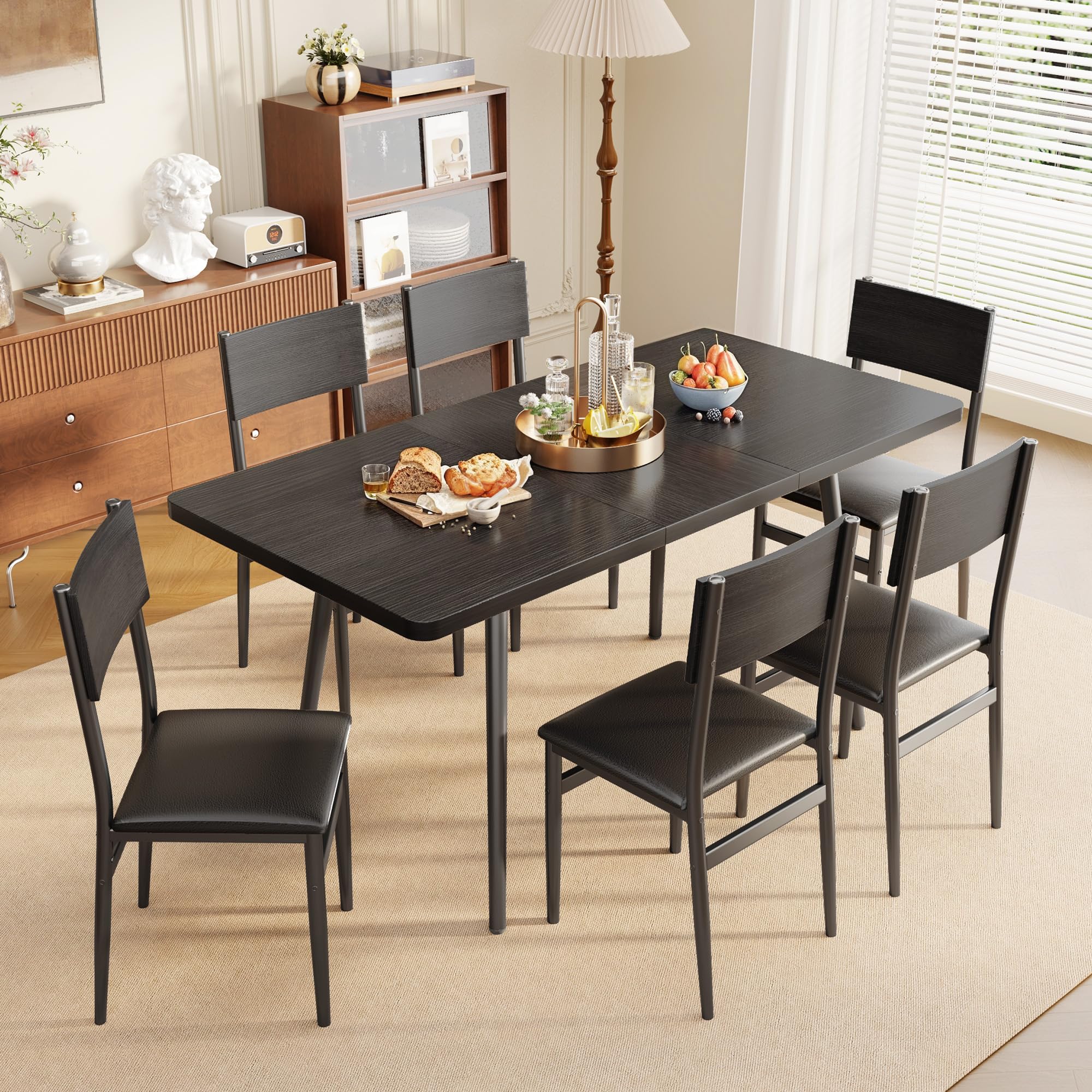 Ahomly 7-Piece Extendable Dining Table Set with 6 Padded Chairs, 63" Dining Table Set for 4-6, Kitchen Table Set with MDF Board & Metal Frame, for Small Space, Kitchen, Apartment, Black