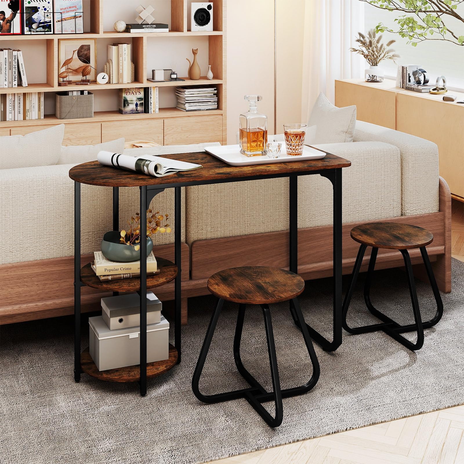 3-Piece Industrial Dining Table Set with 2 Stools & Storage Shelves