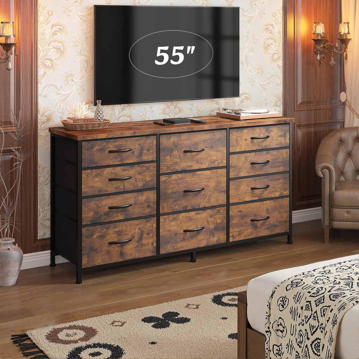 Romorgniz 47.2"W Long Dresser with 11 Fabric Drawers, TV Stand & Wooden Top
