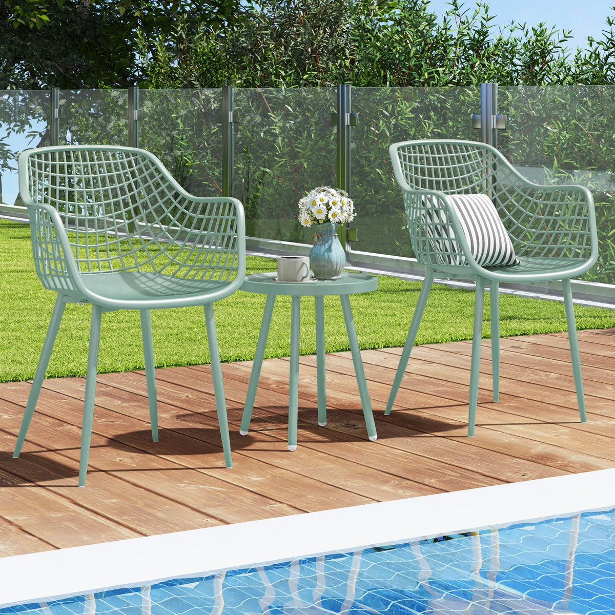 Tangkula 3 Piece Patio Bistro Set, All Weather Heavy Duty Table and Chairs Set of 2 with Widen Seats, Outdoor Furniture Set for Porch, Balcony, Backyard (Green)