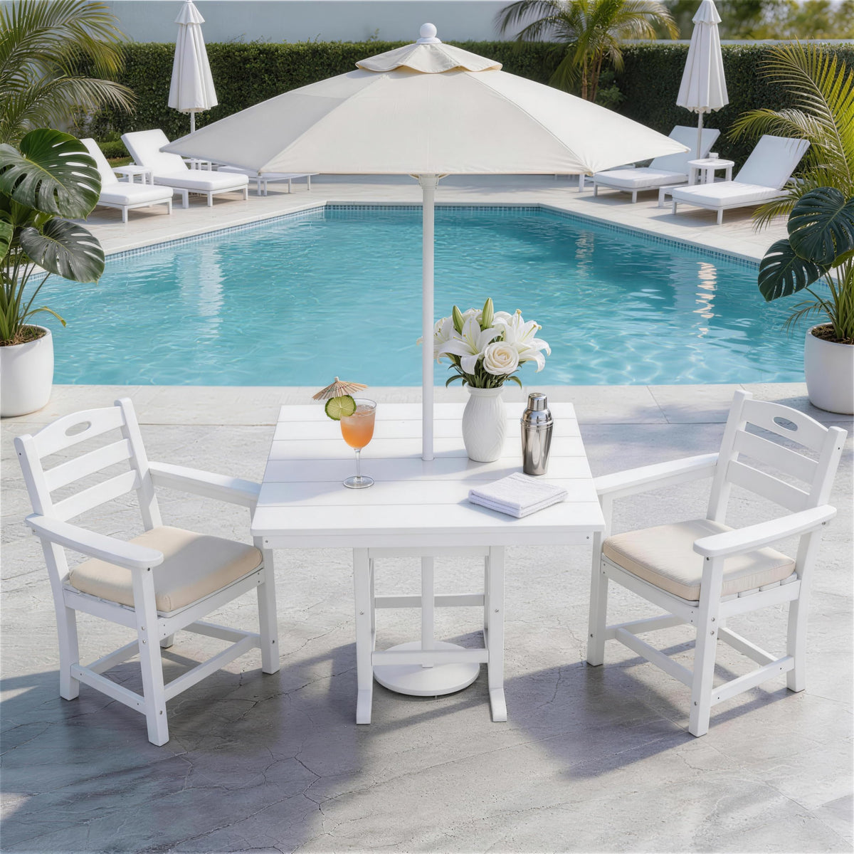 3 Piece Outdoor Patio Dining Set, HDPE 37.8" Square Dining Table with 1.77" Umbrella Hole & 2 Comfortable Armchairs, Heavy Duty Poly Bistro Furniture for Balcony, Porch, Garden, Poolside, White
