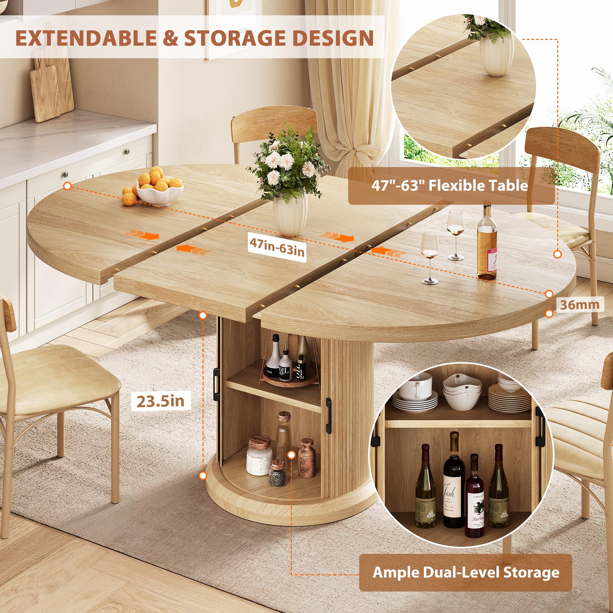 Extendable Round Dining Table 47"-63" with 2-Tier Storage Shelf