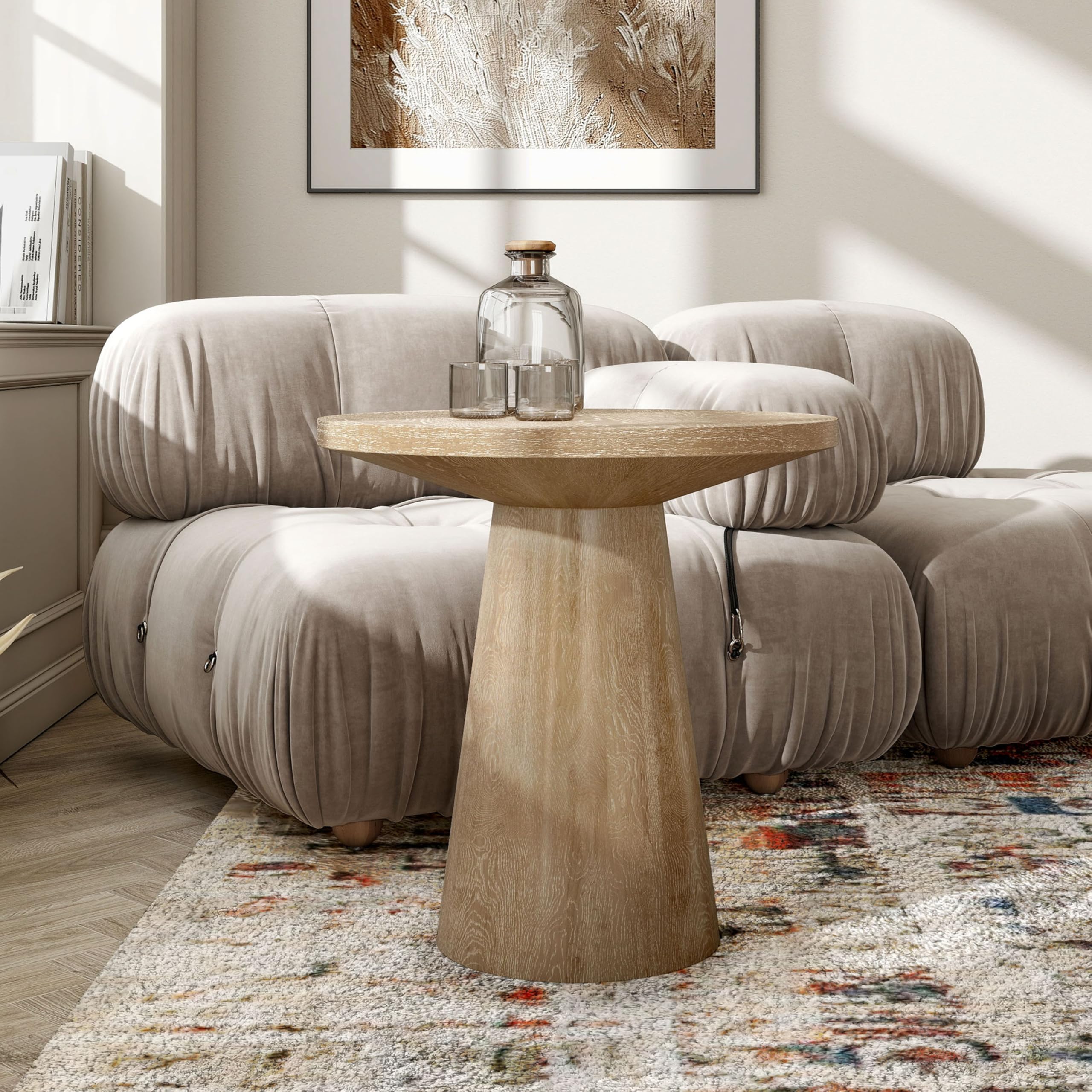 Furniture of America Crambel Modern Solid Rubberwood 20-inch Round End Table with Cone-Shaped Pedestal Base, Living Room Furniture for Small Space, Home Office, Oak Finish