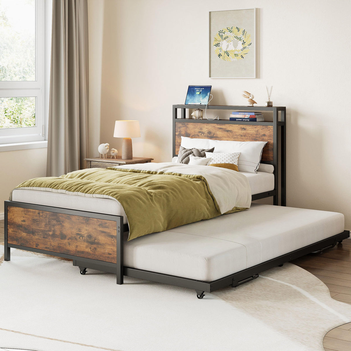 IRONCK Twin Daybed with Trundle Bed & Storage Headboard & Charging Station