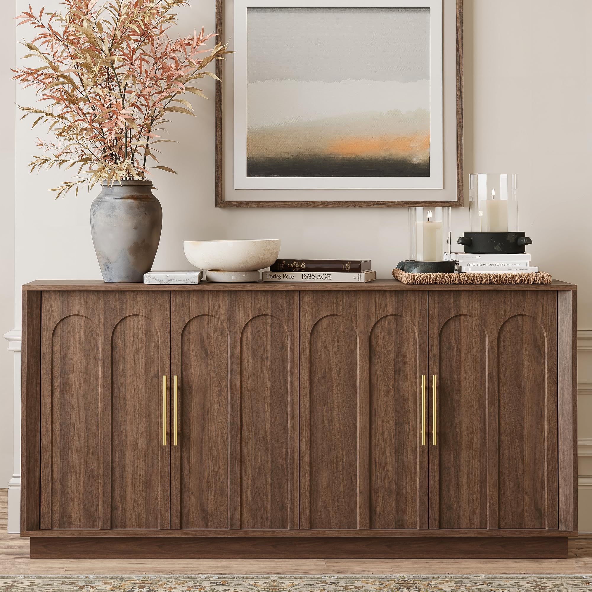 FORTUNETEC Sideboard Buffet Cabinet with Storage, Mid Century Modern Accent Cabinet with Arched Doors, Modular Media Console, Minimalist Credenza for Living Room Kitchen Dining Room Entryway, Walnut