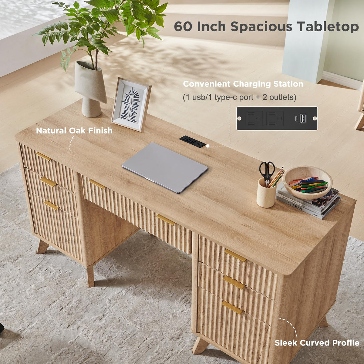 Fluted Executive Desk with Charging Station
