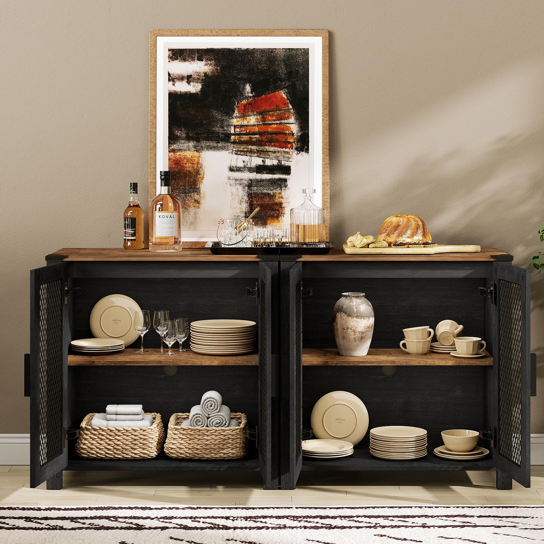WAMPAT TV Stand Set for 100 inch TV,Door Storage Cabinet with Mesh for Living Room,Farmhouse Storage Units with Open and Adjustable Shelf,Antique White, Dark Walnut and Black