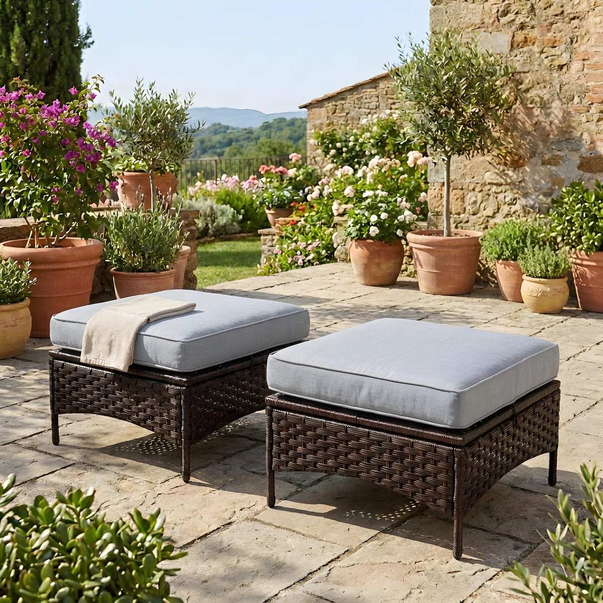 Sundale Outdoor Set of 2 Wicker Ottomans, 22.83" x 22.83" Outdoor Footrest with 4" Thick Large Cushions, All Weather Rattan Patio Ottoman for Footstool, Side Table (Grey)