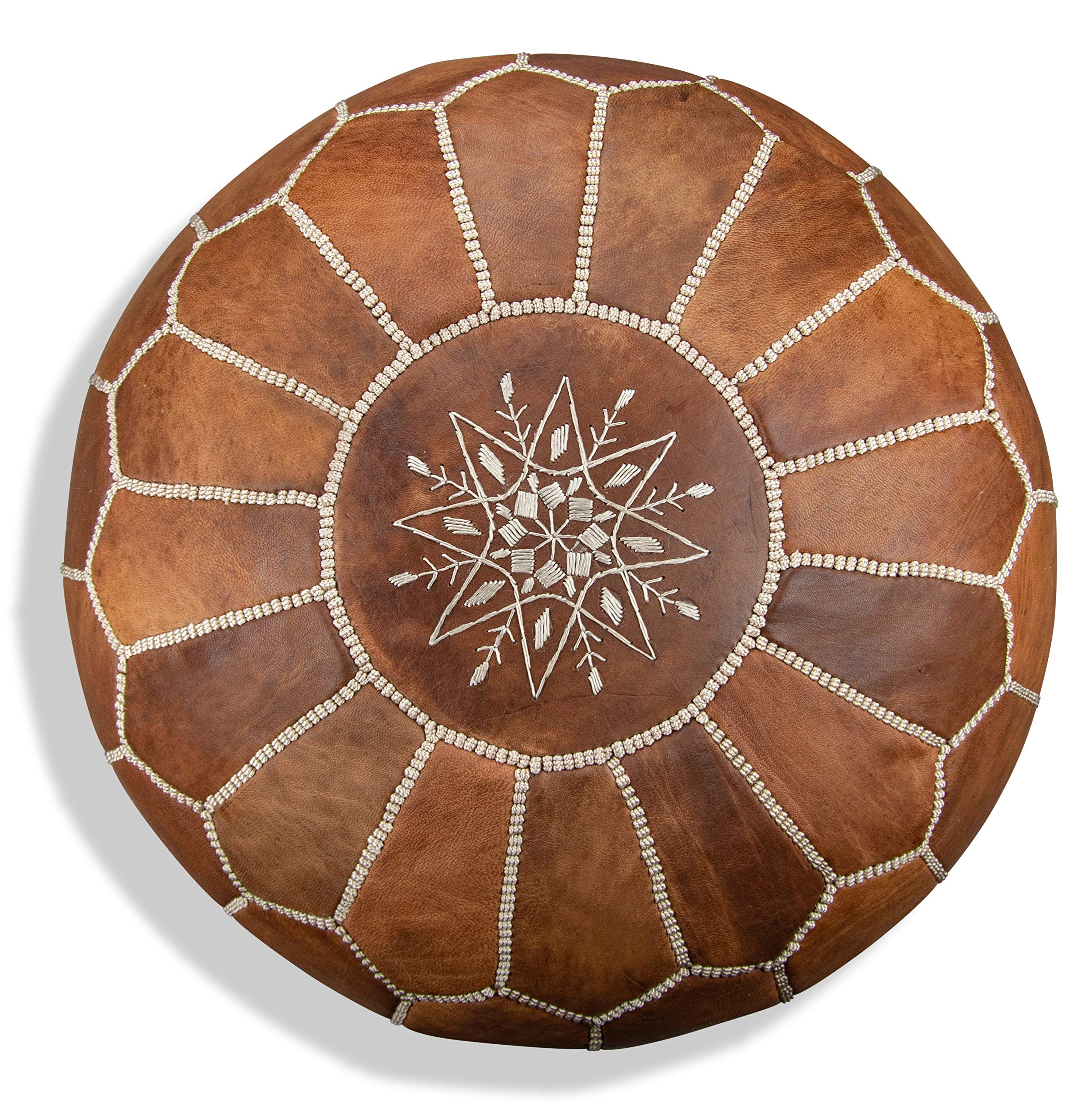 Poufs&Pillows Premium Moroccan Leather Pouf - Handmade - Delivered Stuffed - Ottoman, Footstool, Floor Cushion (Cognac Brown)