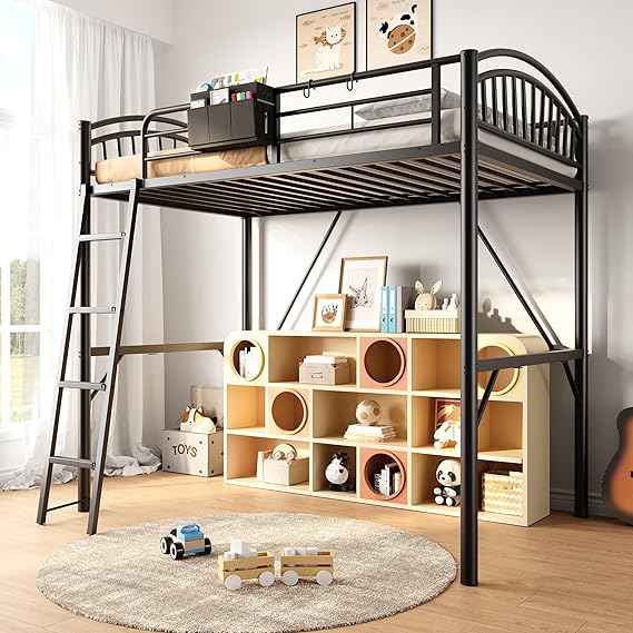 Twin Metal Loft Bed with Convertible Ladder