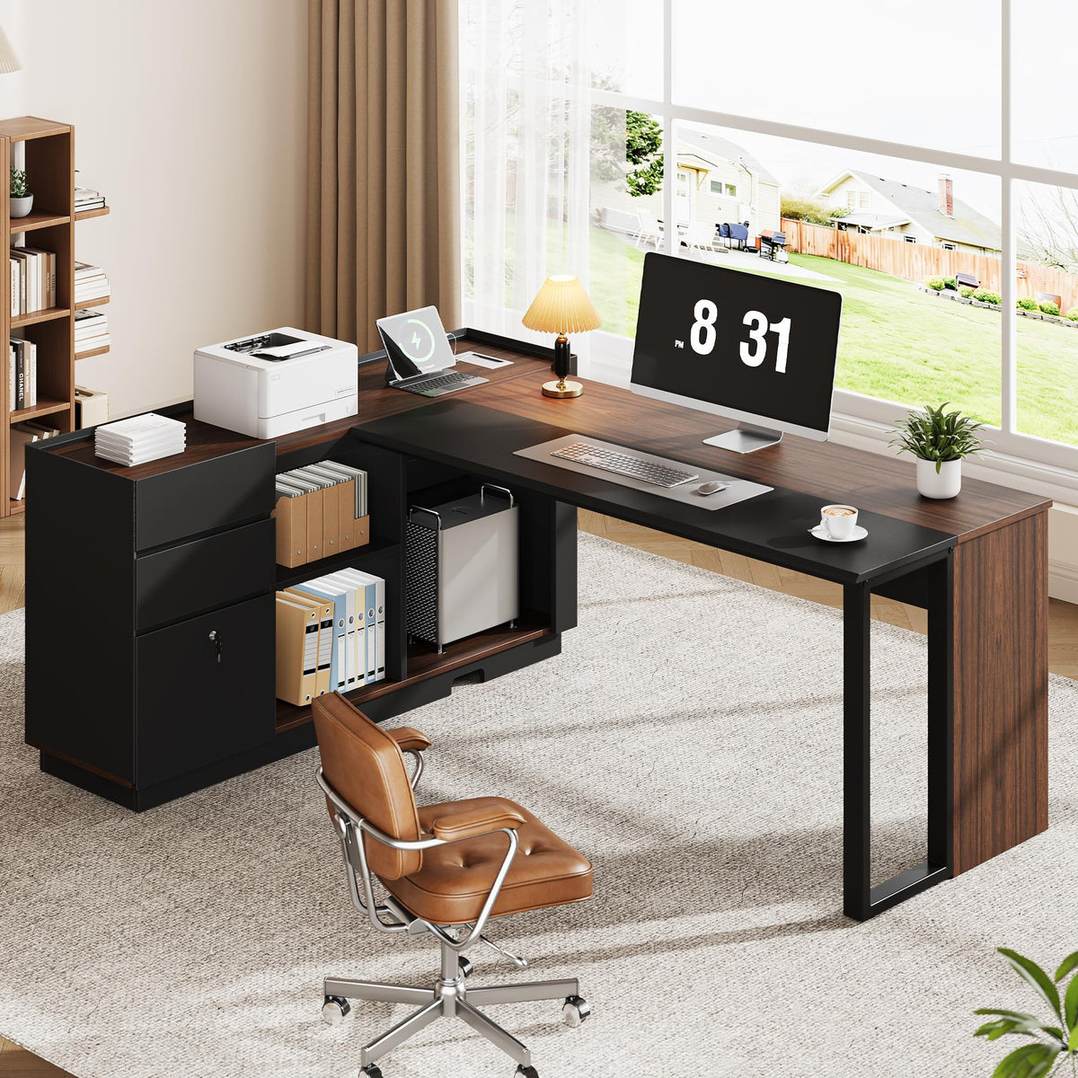 Vividwood 70" Executive Desk with Cabinet Storage, L-Shaped Office Desk with 3 Drawers and Shelves, Large Computer Desk Business Furniture for Home Office (Brown & Black)