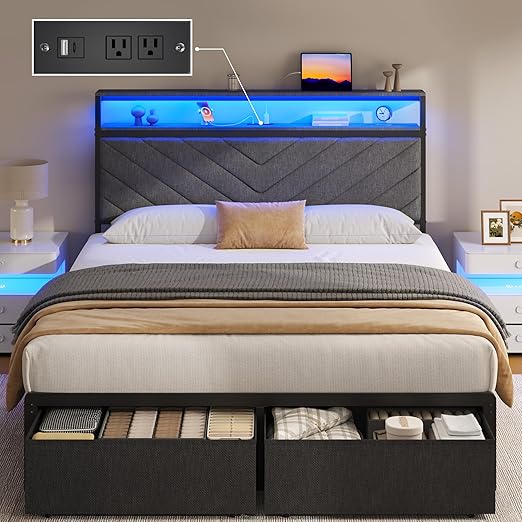 Upholstered Bed Frame with Storage Drawers, Charging Headboard & LED Lights