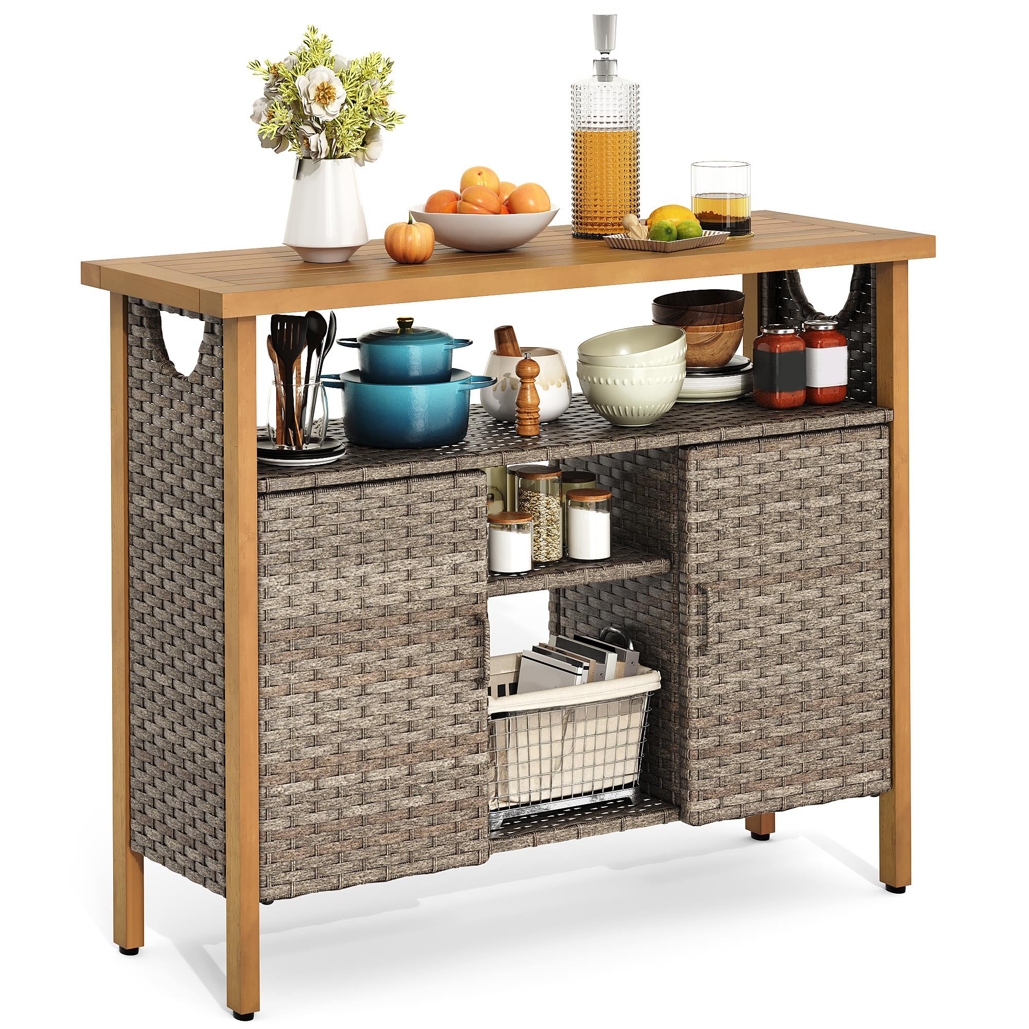 Outdoor Wicker Storage Cabinet with Adjustable Shelves
