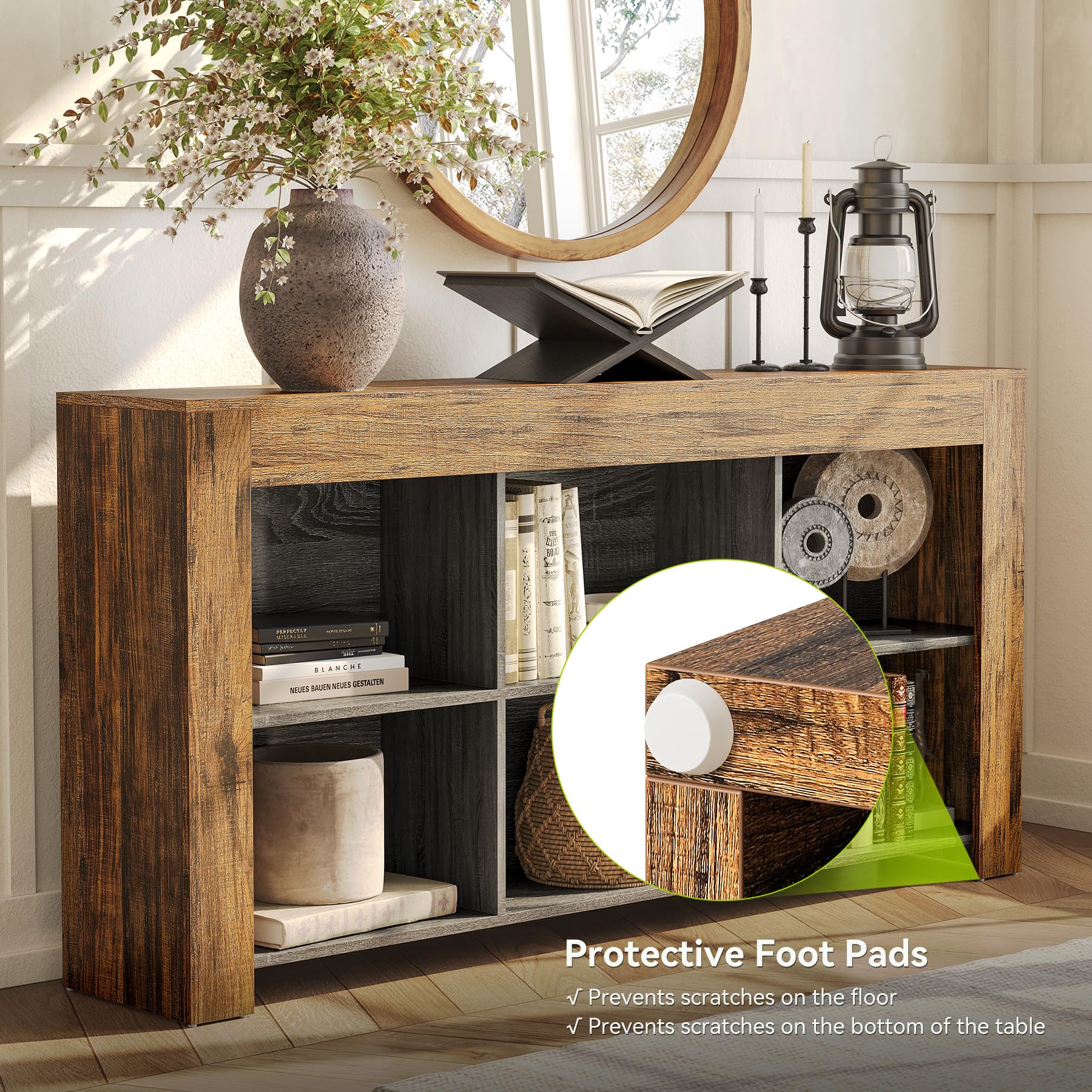 LITTLE TREE Console Table with Storage, 63-Inch Narrow Long Sofa Table, Entryway Table with 6 Cubes, Farmhouse Storage Shelves for Entryway, Living Room