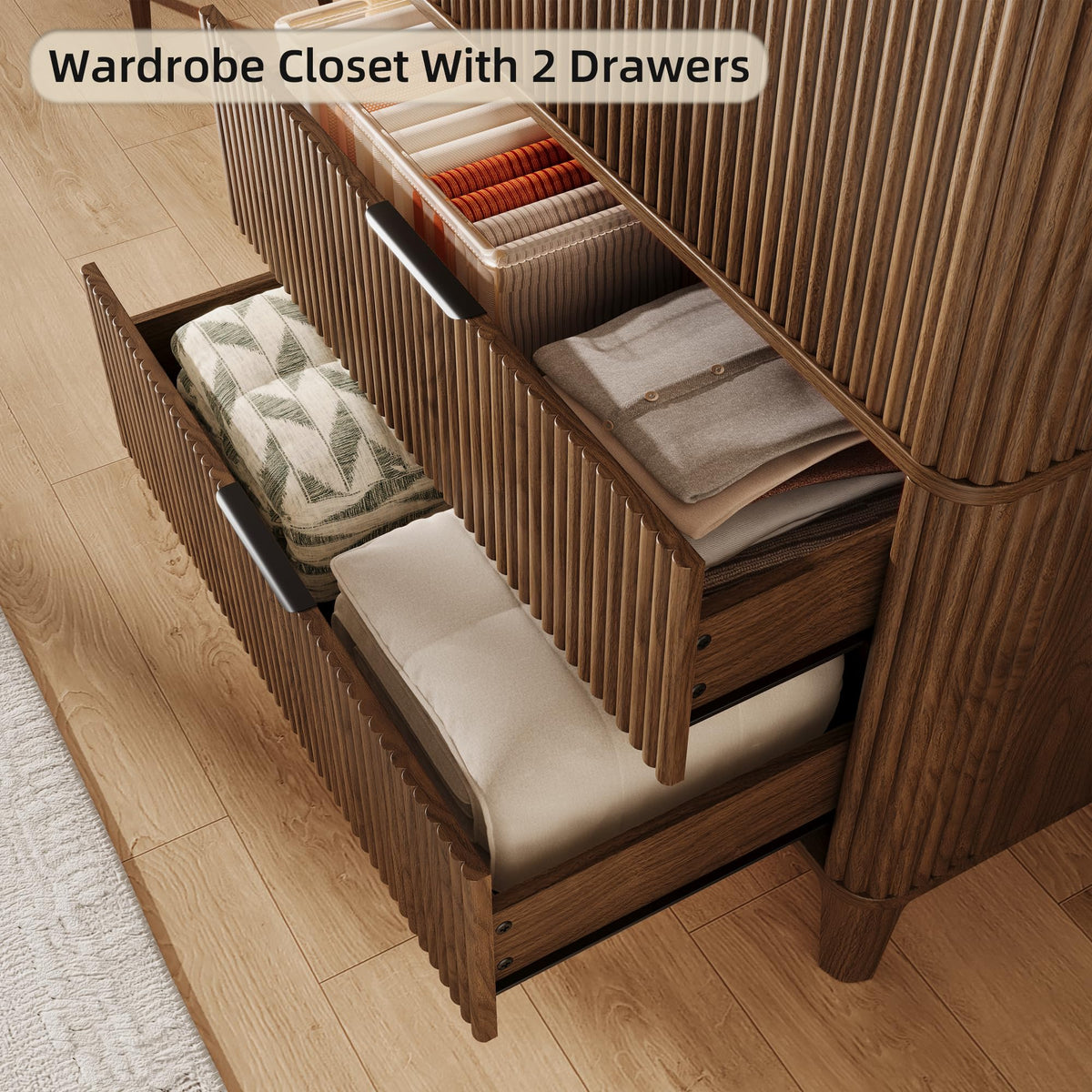 Oxirth 70.1" Arched Wooden Armoire Wardrobe Closet with 2 Doors and 2 Drawers, Fluted Bedroom Armoire with Hanging Rod Shelf, Clothing Storage Cabinet, Wardrobe Armoire Closet Cabinet (Walnut, 31.4")