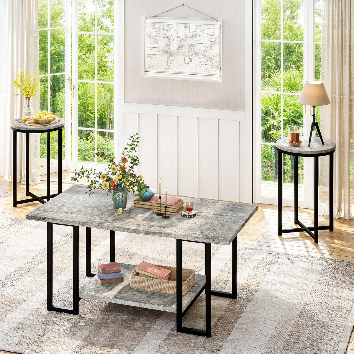 Lamerge 3 Pieces Living Room Table Set, Coffee Table with 2 Round End Side Tables, Coffee Table Set with Metal Frame for Apartment Home Office, Grey&Black