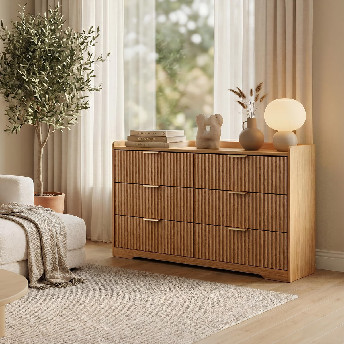 OURPIC Fluted Modern 6 Drawer Dresser for Bedroom, 47"W x 26"H, Natural Oak