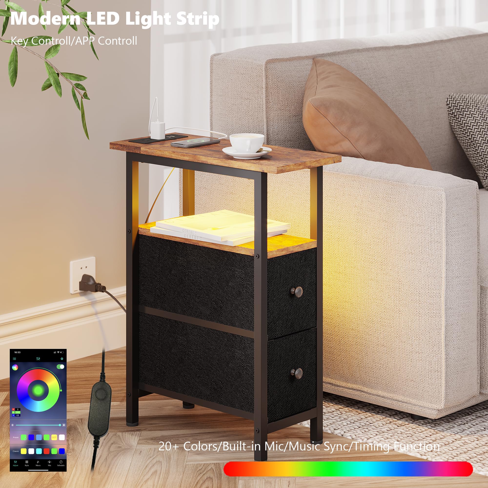 TRIFEBLE End Table with Charging Station, Narrow Side Table with 2 Fabric Drawers, Skinny Nightstand with LED Light, Slim Bedside Table for Bedroom, Living Room, Small Spaces, Rustic Brown and Black