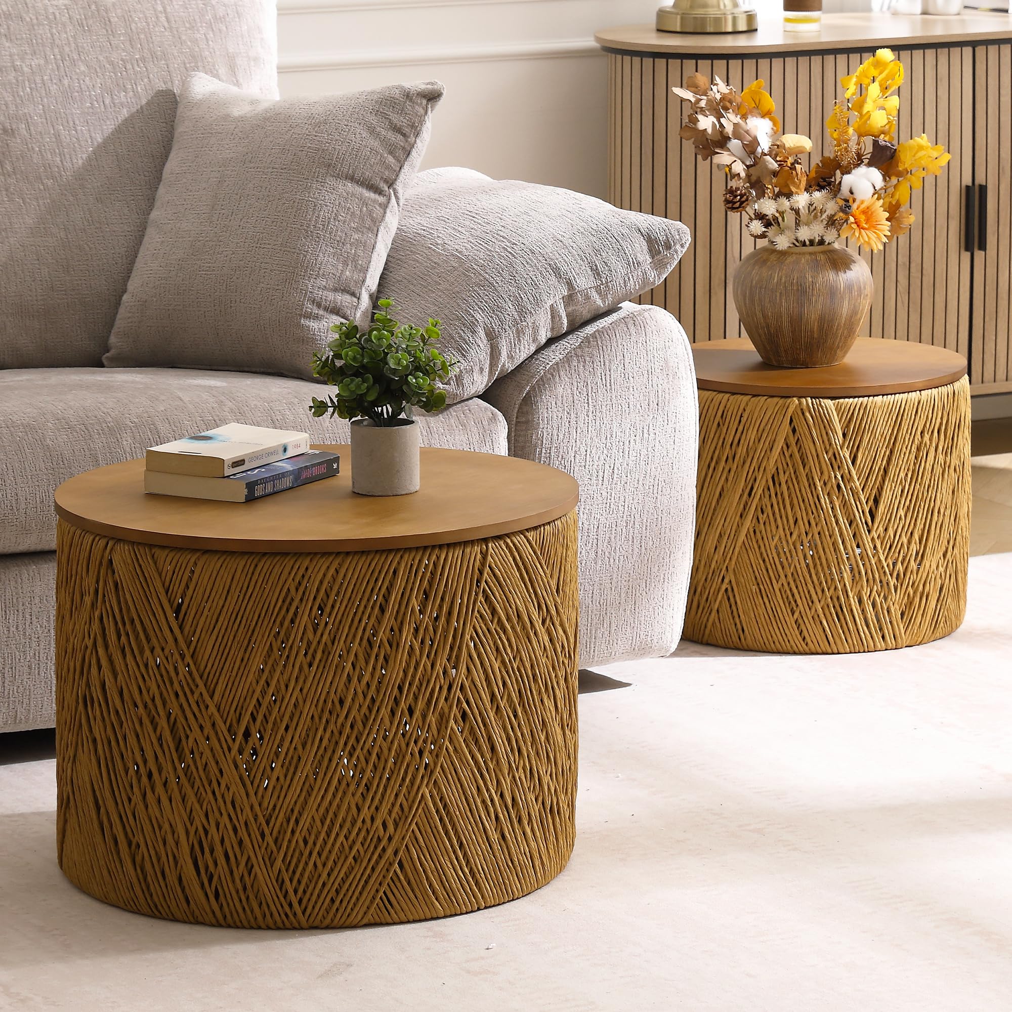 Round Nesting Coffee Table Set with Rattan Storage