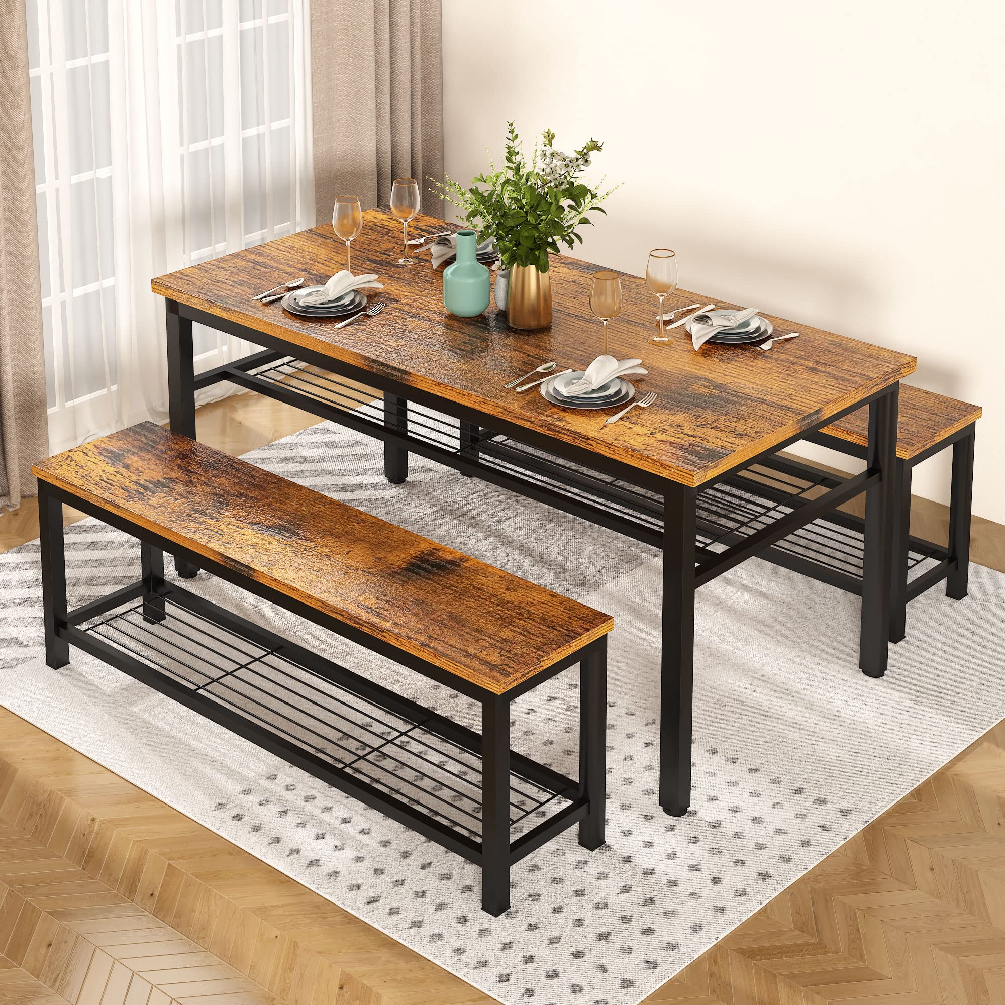 AWQM 43.3" Dining Table Set for 4, Kitchen Dining Table with 2 Benches, Dining Room Table Set with Metal Frame & Storage Rack for Kitchen, Restaurant, Rustic Brown