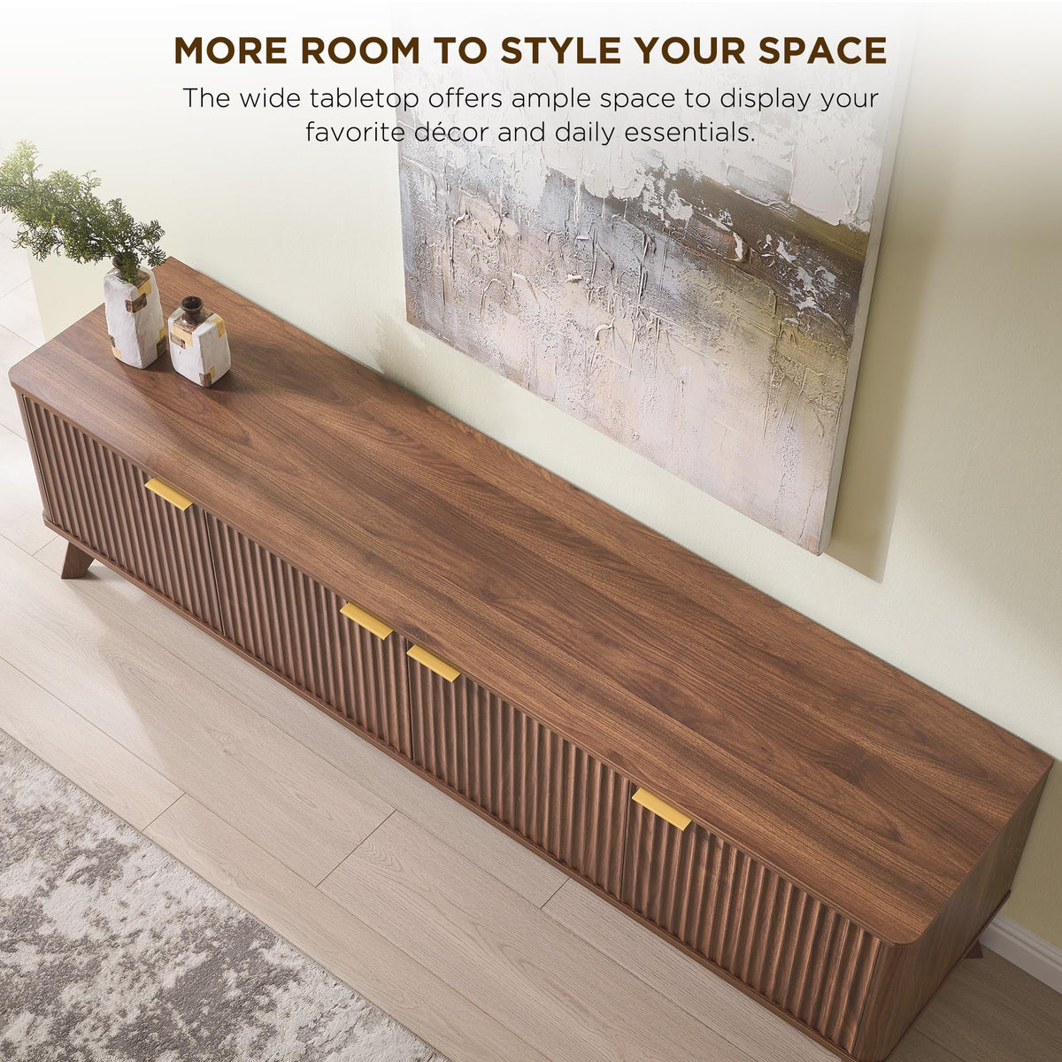OKD 70" Mid Century Modern Fluted TV Stand,4-Door Storage, Light Walnut
