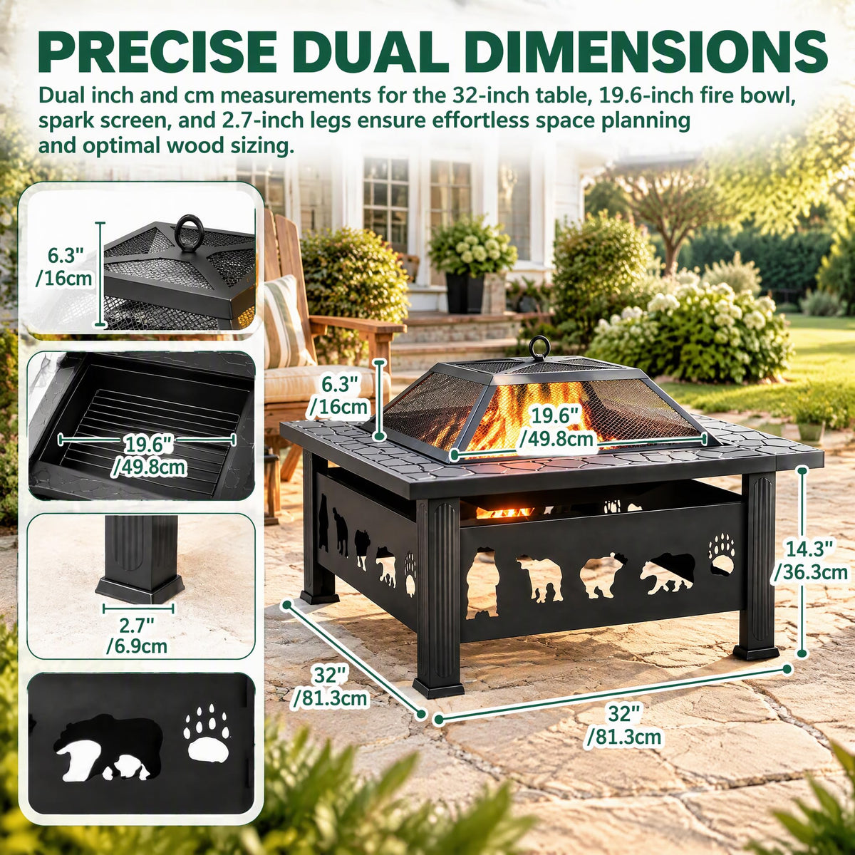 Trygoal 32″ Decorative Bear Cutout Square Metal Patio Fire Pit Table,Black