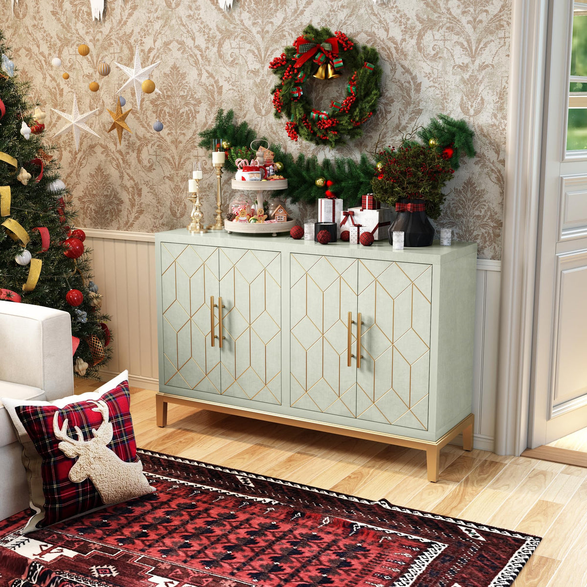 Green 4-Door Sideboard with Gold Trim