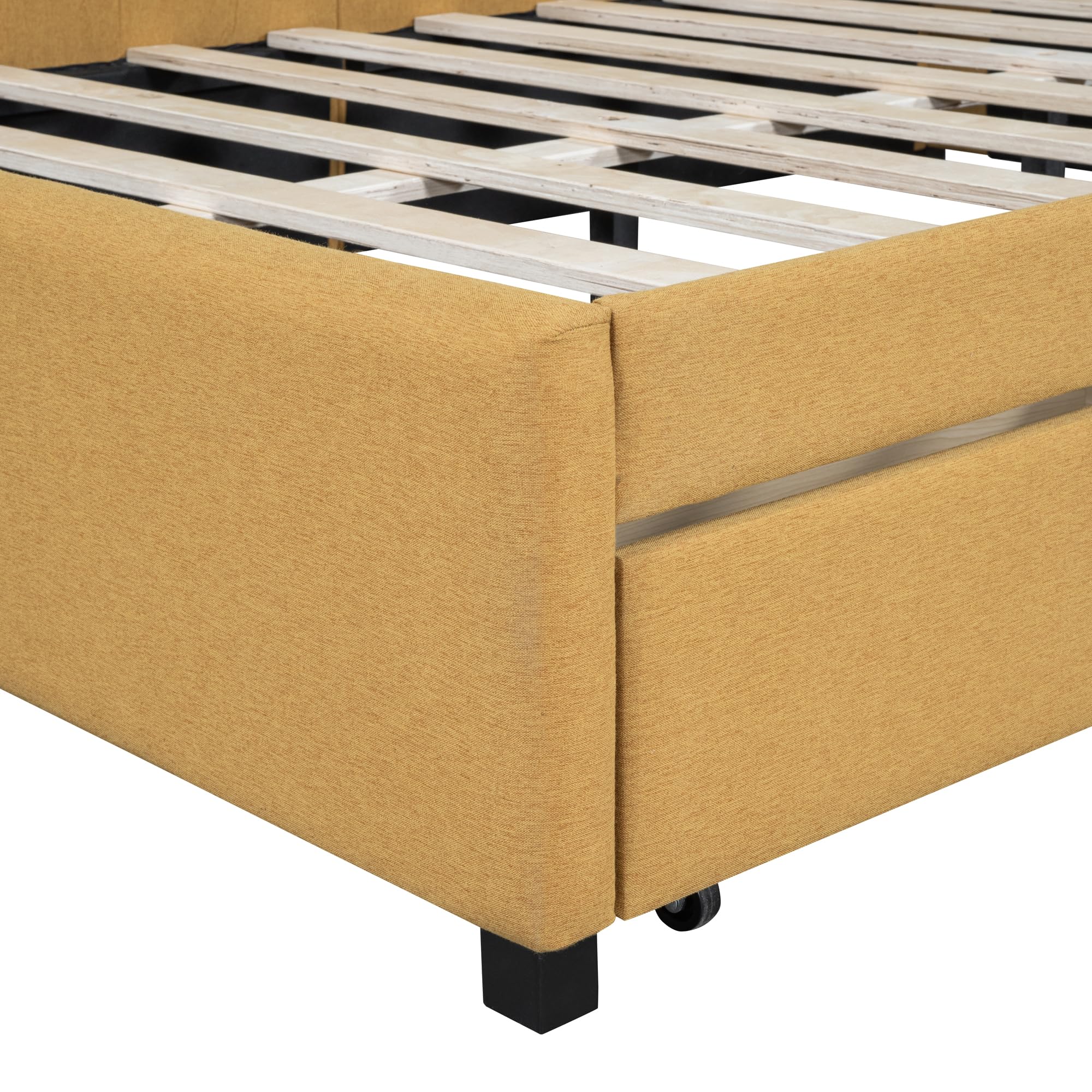 Merax Full Size Daybed with Drawers, Upholstered Full Daybed, Linen Fabric Sofa Bed, No Box Spring Needed, Yellow