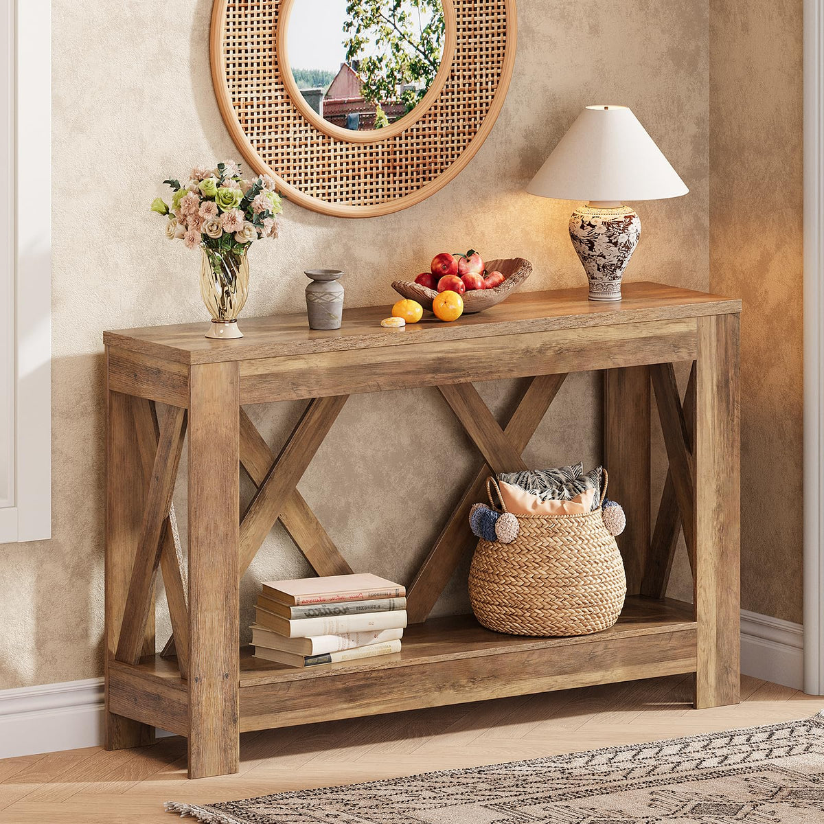 Tohomeor 47.2" Farmhouse Entryway Table, Wooden Rectangular Entry Table, 2-Tier Storage Modern Sofa Table Behind Couch for Entrance, Living Room, Hallway, Foyer, Retro Brown