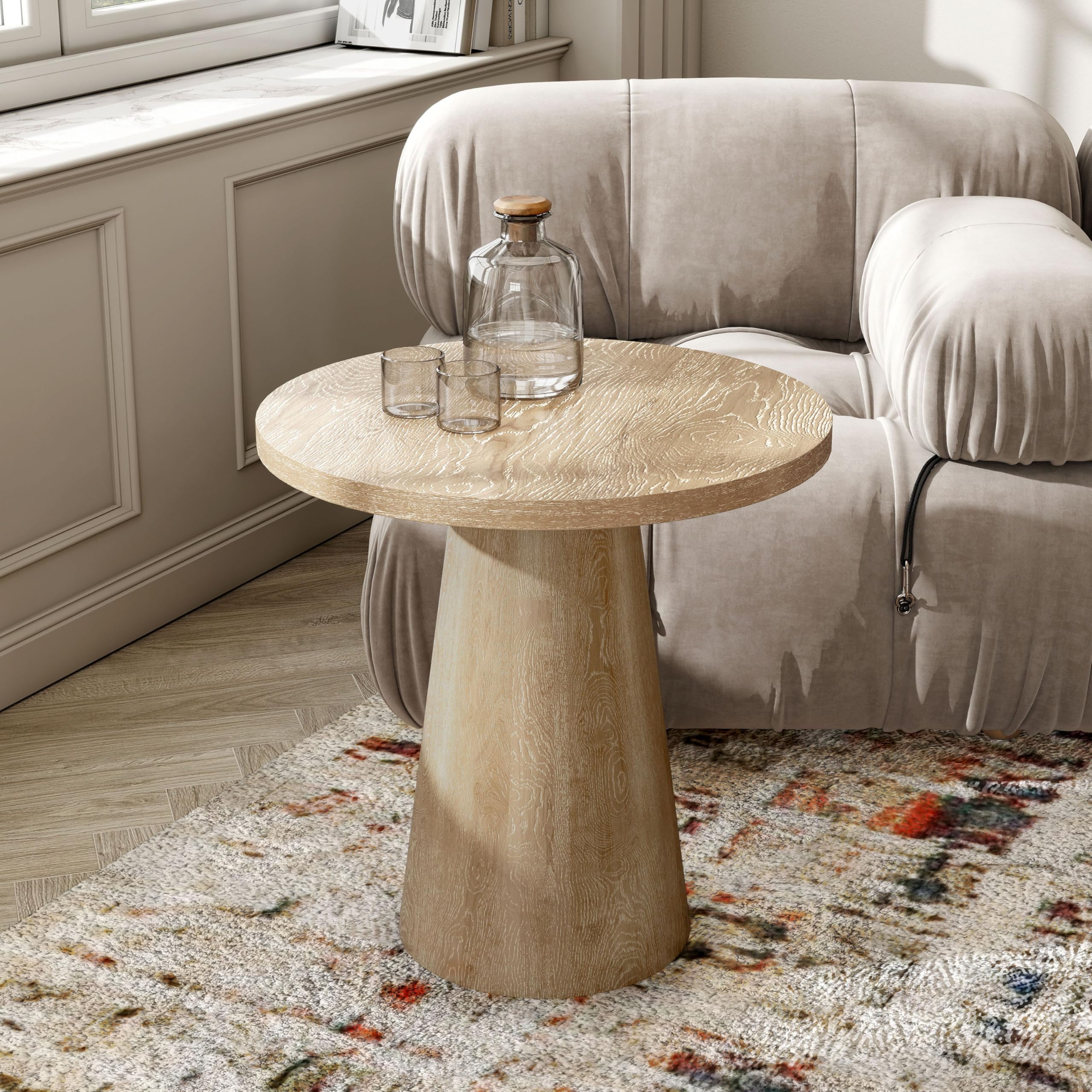 Furniture of America Crambel Modern Solid Rubberwood 20-inch Round End Table with Cone-Shaped Pedestal Base, Living Room Furniture for Small Space, Home Office, Oak Finish