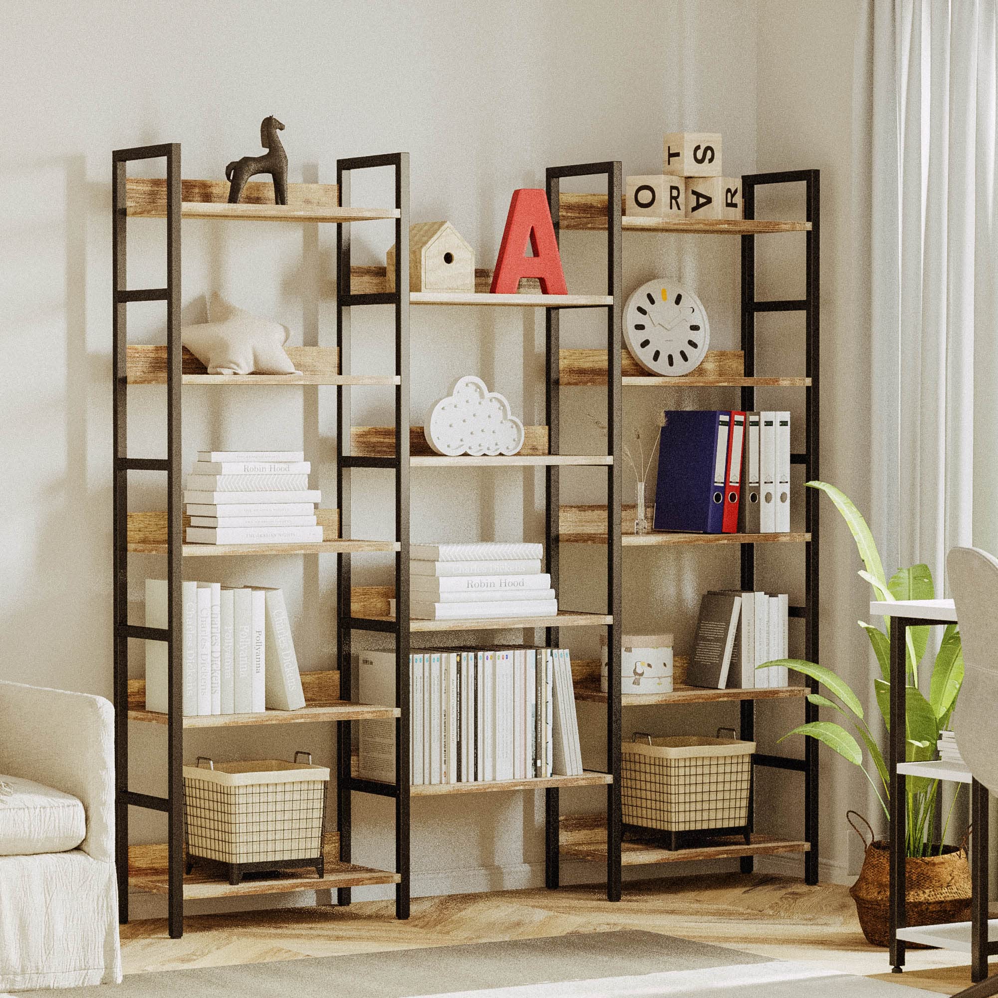 IRONCK Book Shelf, Bookshelves and Bookcases, 5 Tiers Bookshelf with Baffles, Large Bookshelf with Metal Shelving, Triple Wide Shelves for Living Room, Home Office