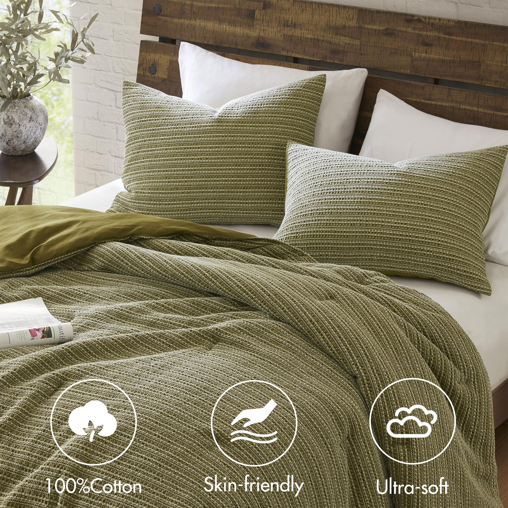 Woolrich Queen Comforter Set Cotton Waffle Pre-Stone Washed, Oversized Comforter, All Season Down Alternative Overfilled Queen Size Comforter, Lyon, Full/Queen Green 3 Piece