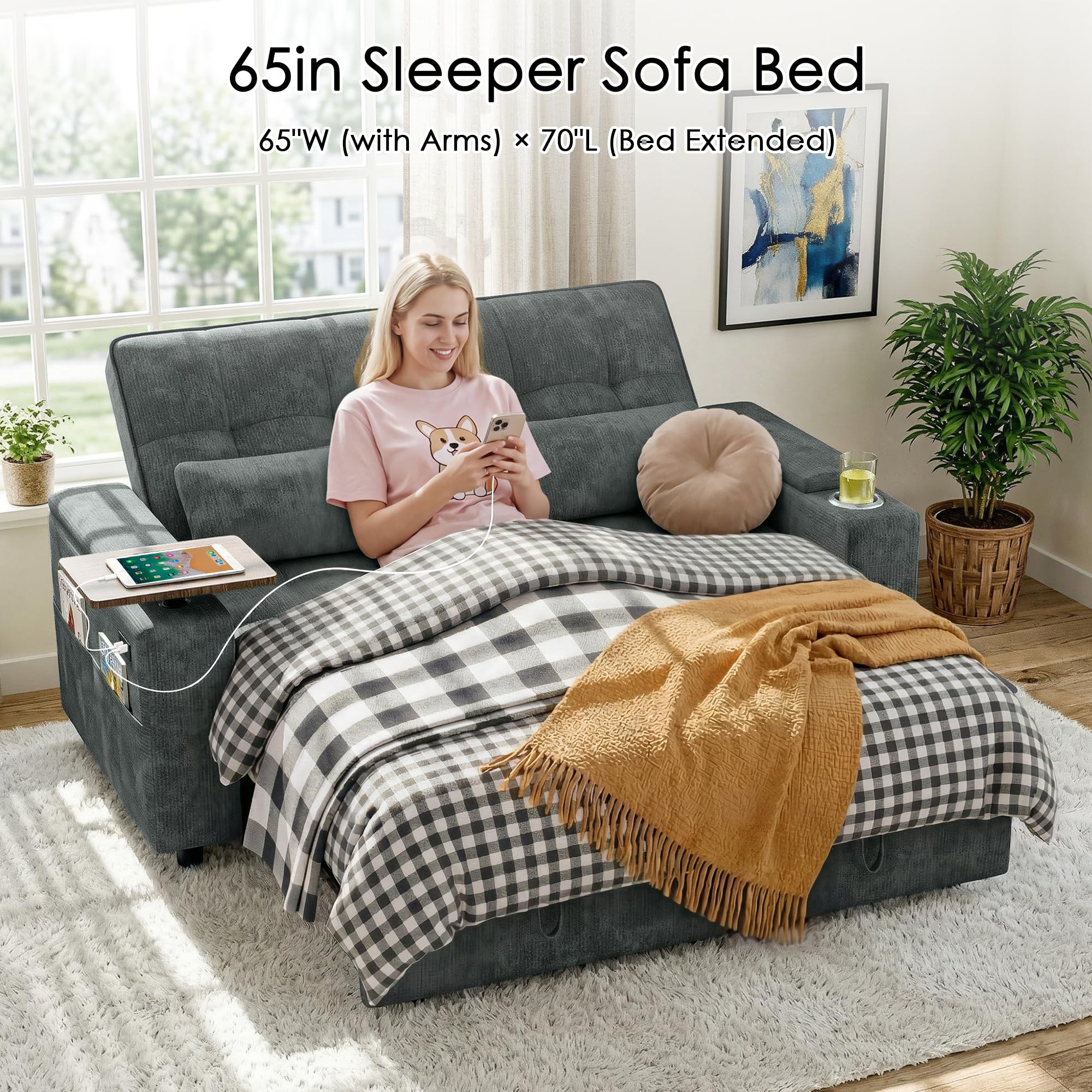 Convertible Sleeper Sofa Bed with USB Charging & Storage